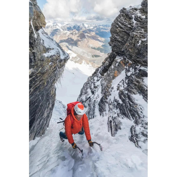 Rab Men's Microlight Alpine Down Jacket in Red (styling reference) - worn, lifestyle, climbing