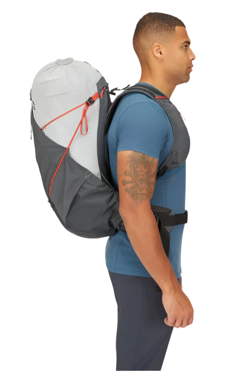 Rab Muon 40L Hiking Pack in Pewter/Graphene - On Model Three Quarter View