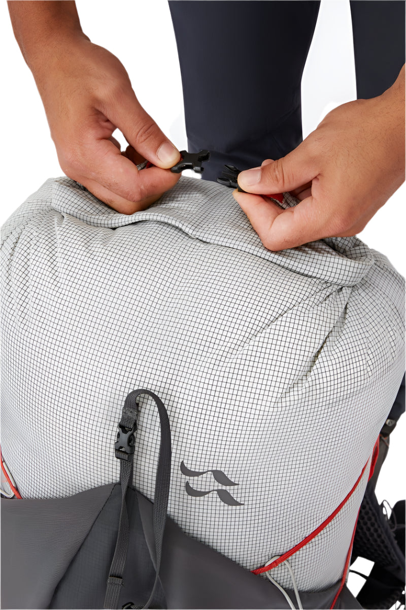 Rab Muon 40L Hiking Pack in Pewter/Graphene - Roll Top Rolled