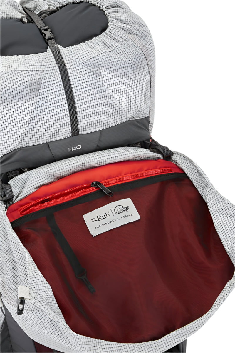 Rab Muon 50L Hiking Pack in Pewter/Graphene - Lid Open