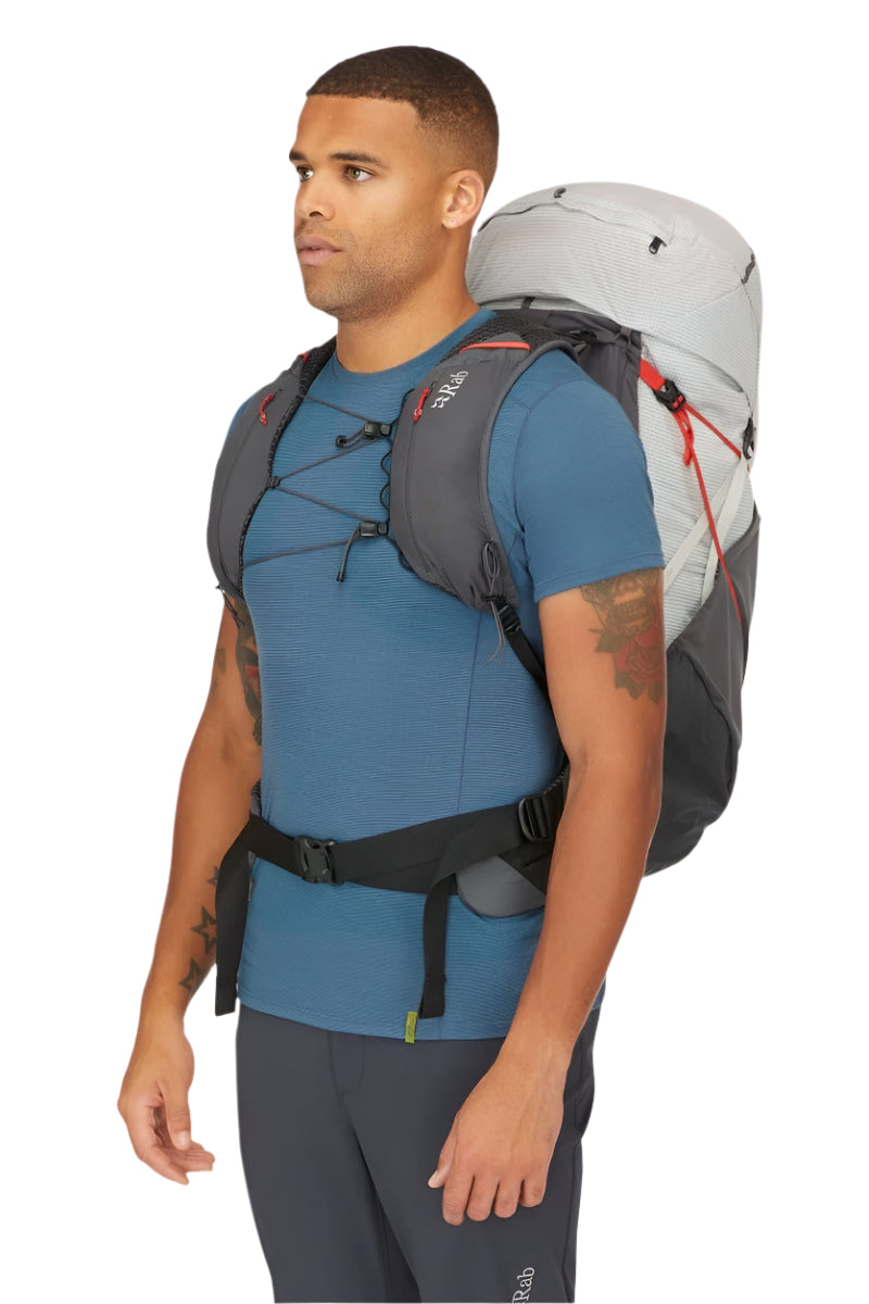 Rab Muon 50L Hiking Pack in Pewter/Graphene - On Model Back View