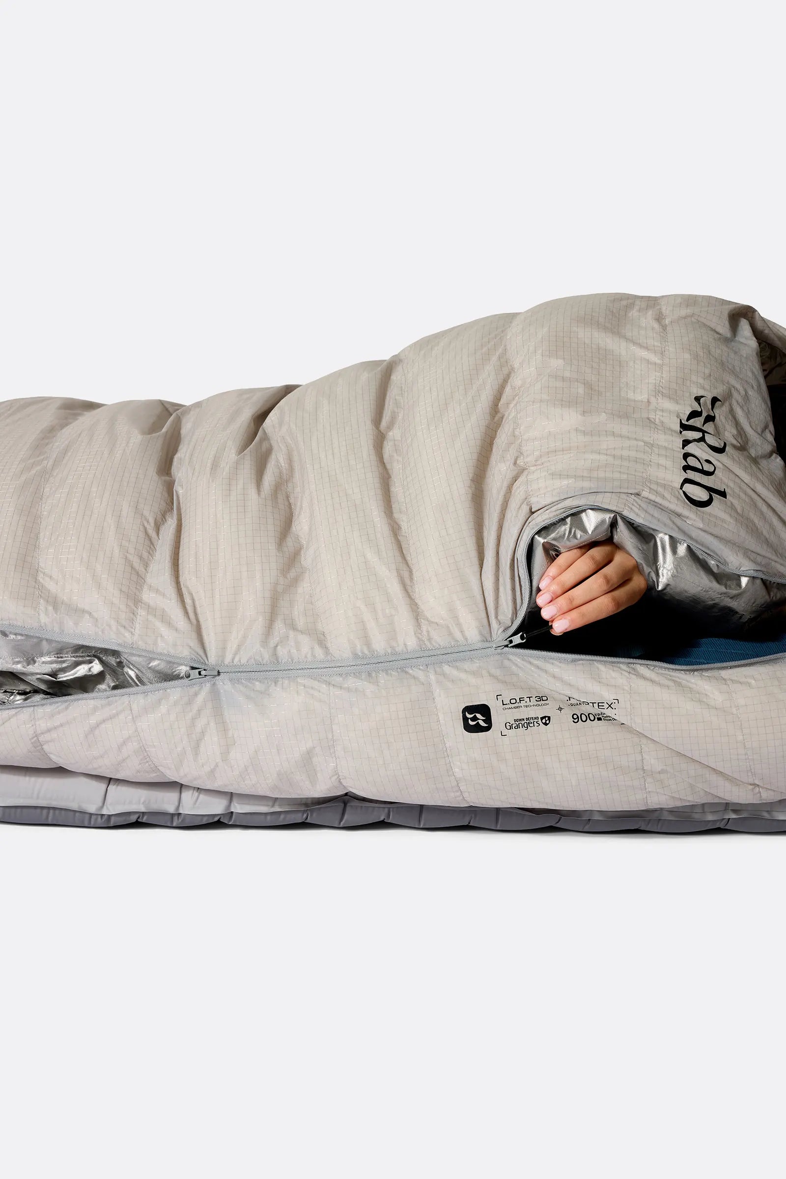 Rab Mythic Down Sleeping Bag (0°C/32F) in Dark Pewter - Model In Use Front