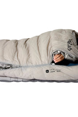 Rab Mythic Down Sleeping Bag (-6°C/20F) in Dark Pewter - Model In Use Front