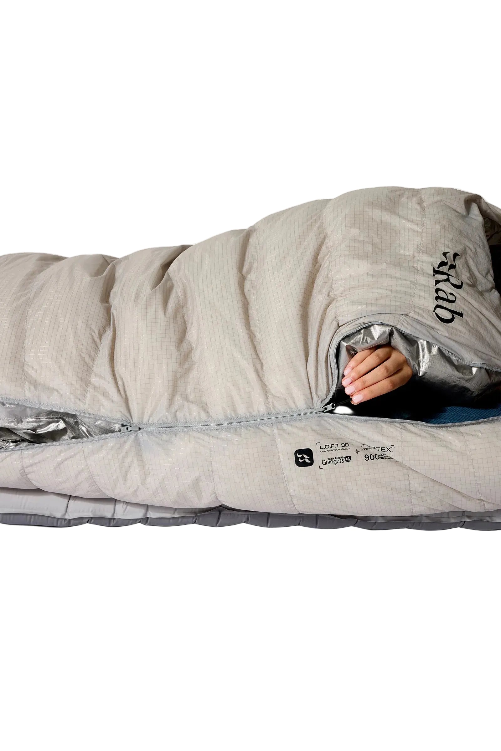 Rab Mythic Down Sleeping Bag (-6°C/20F) in Dark Pewter - Model In Use Front
