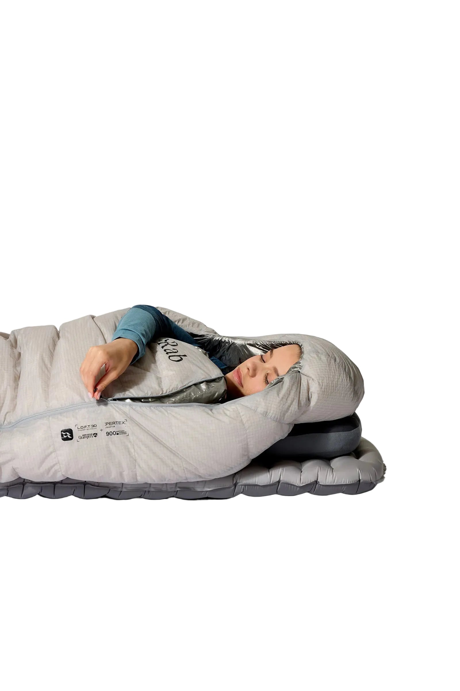 Rab Mythic Down Sleeping Bag (-6°C/20F) in Dark Pewter - Model Lying Overhead