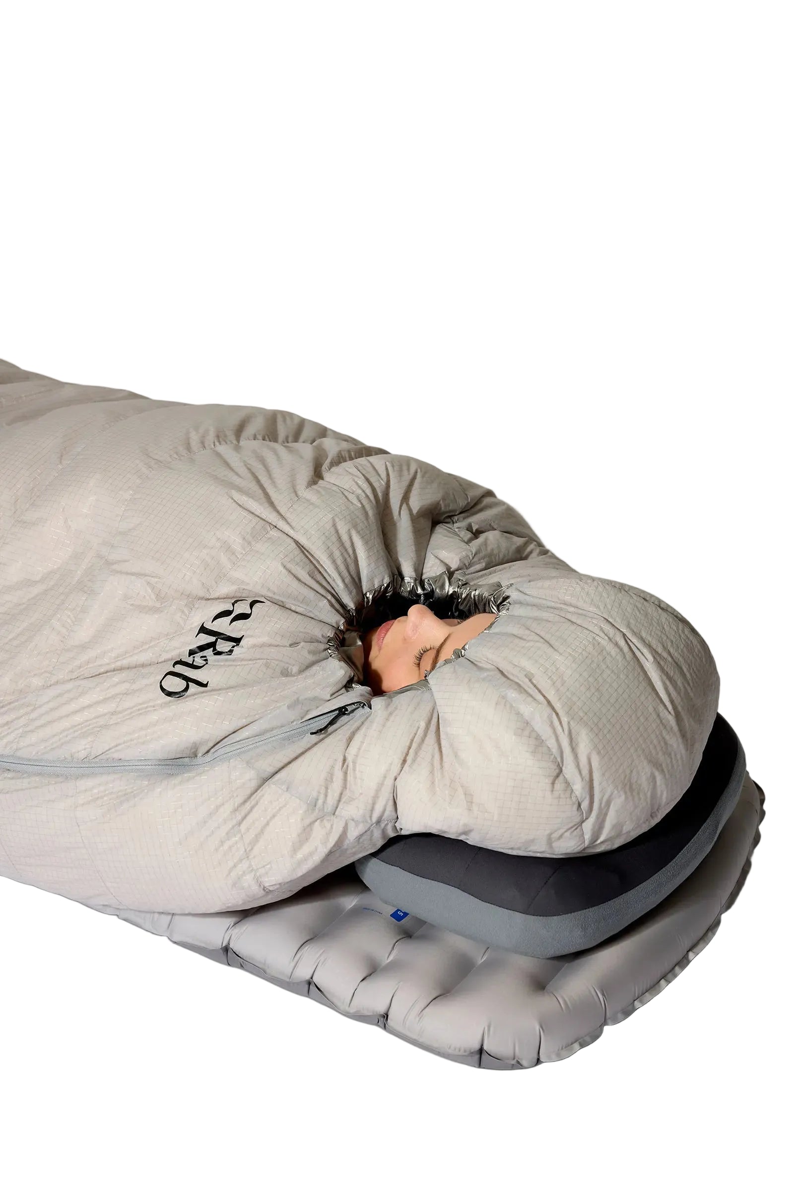 Rab Mythic Down Sleeping Bag (-6°C/20F) in Dark Pewter - Model Seated