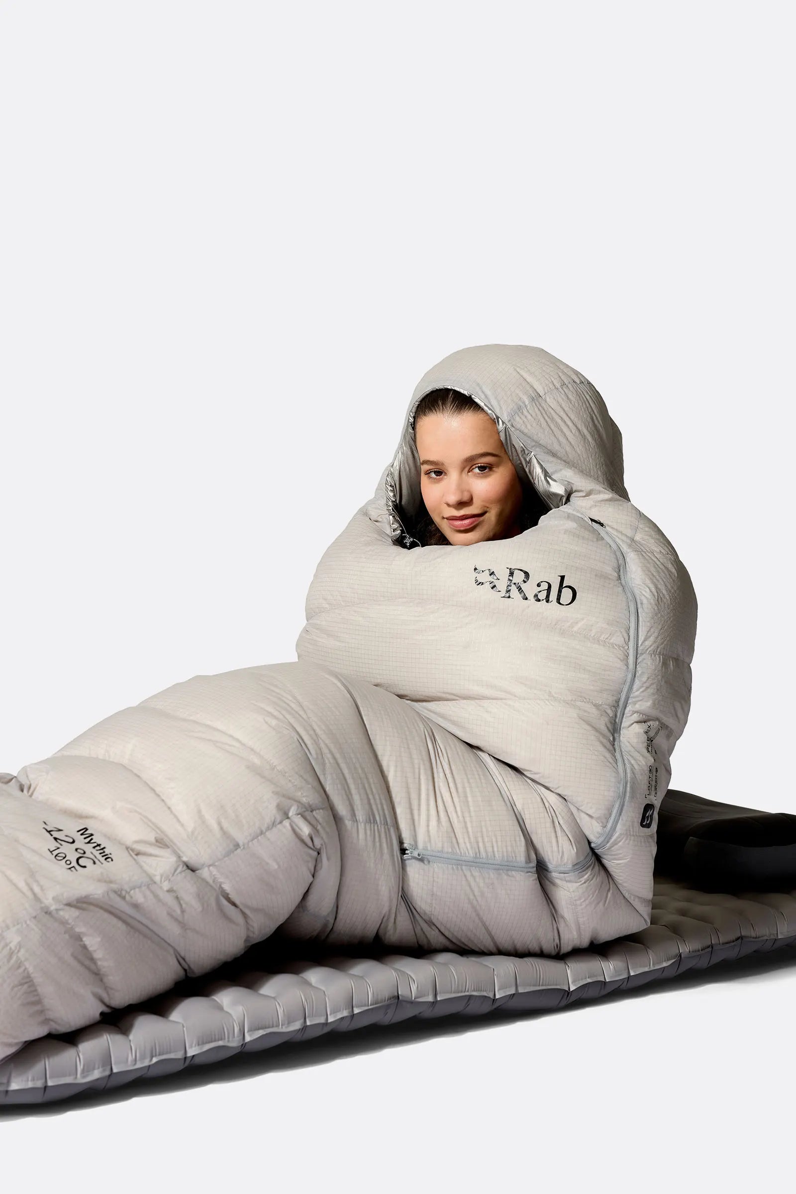 Rab Mythic Down Sleeping Bag (-6°C/20F) in Dark Pewter - Model Wrapped