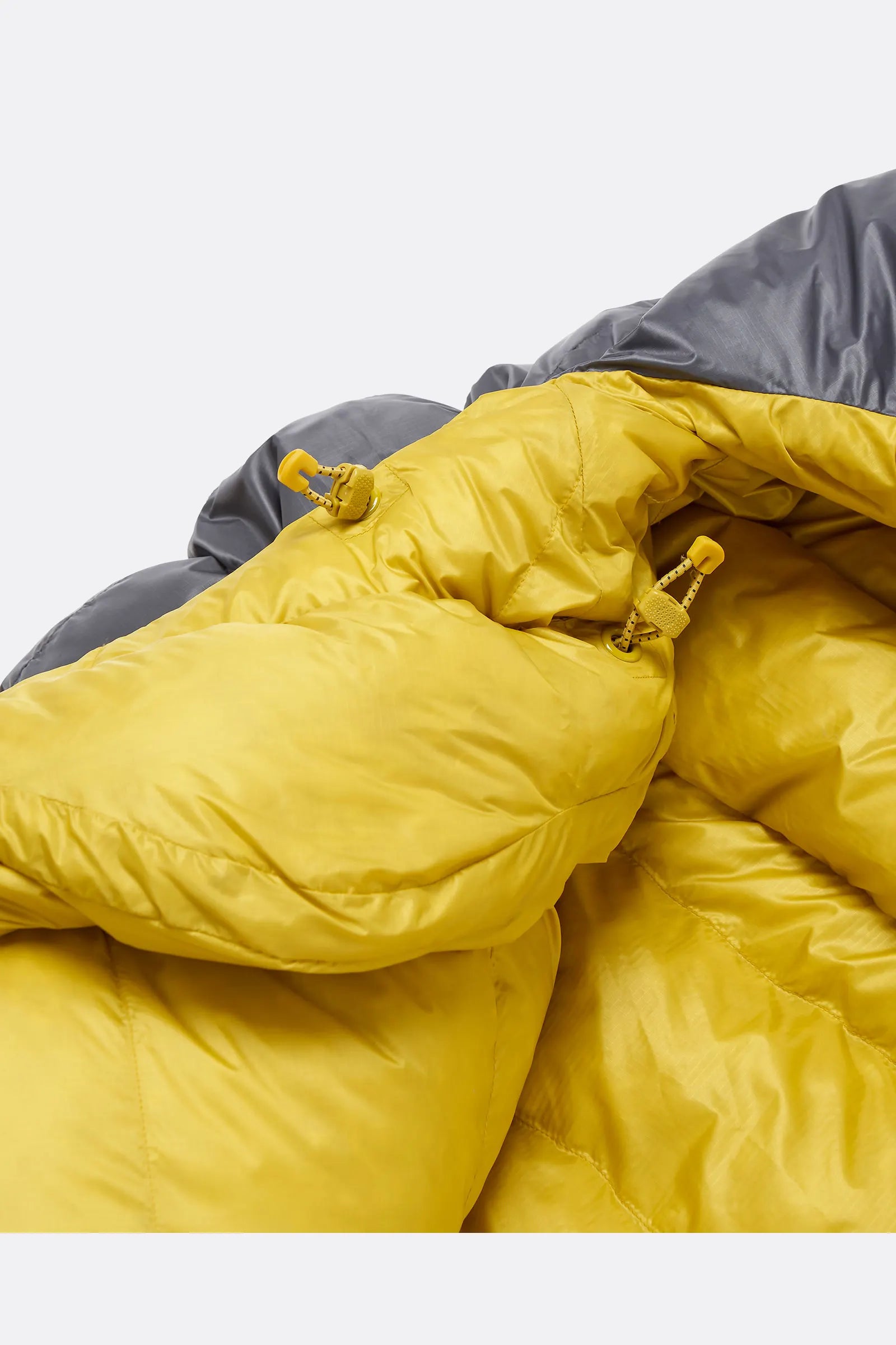 Rab Neutrino Down Sleeping Bag (0°C/32F) in Graphene/Dark Pollen - Hood and Collar Down Fill Detail
