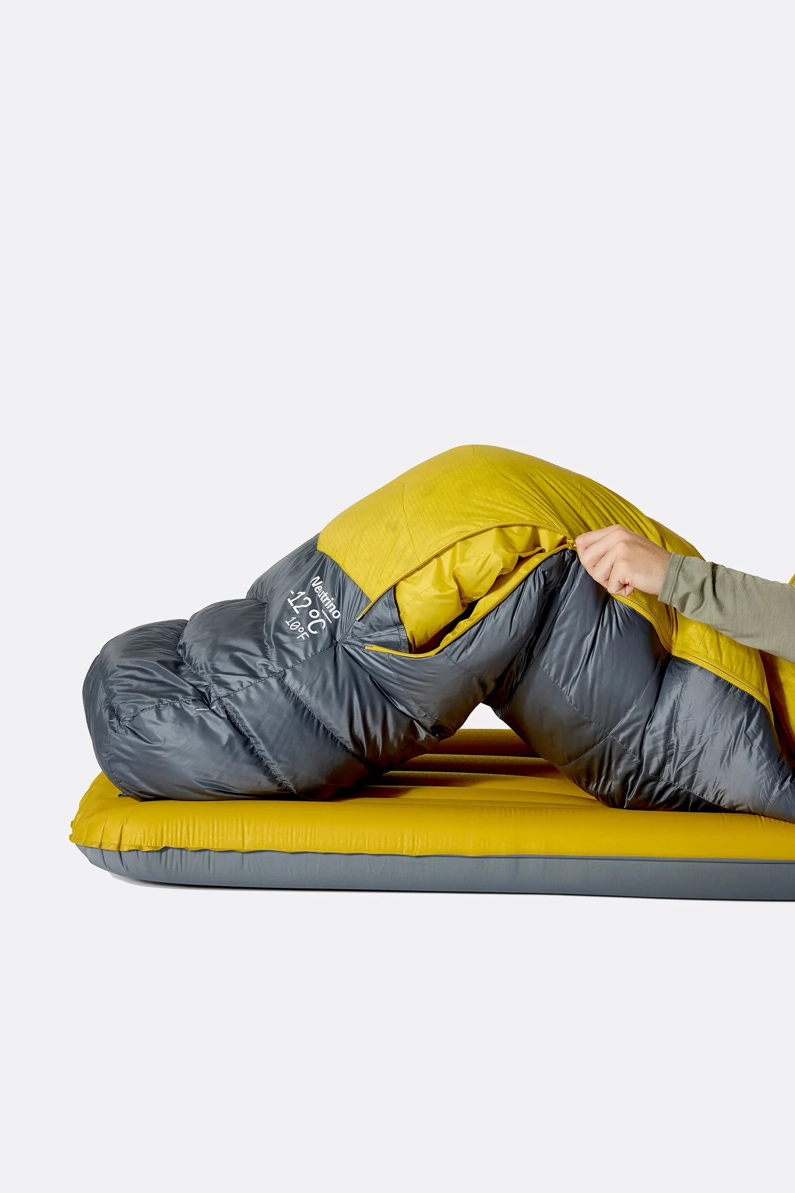 Rab Neutrino Down Sleeping Bag (0°C/32F) in Graphene/Dark Pollen - Model Lying Overhead View