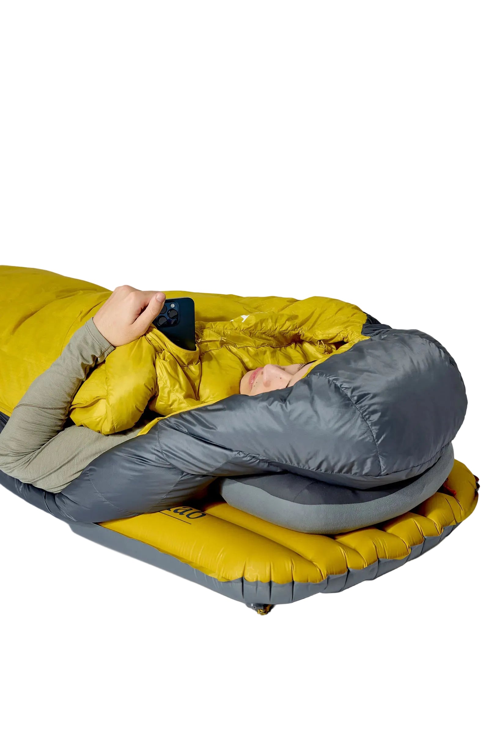 Rab Neutrino Down Sleeping Bag (0°C/32F) in Graphene/Dark Pollen - Model Side Sleeping Position