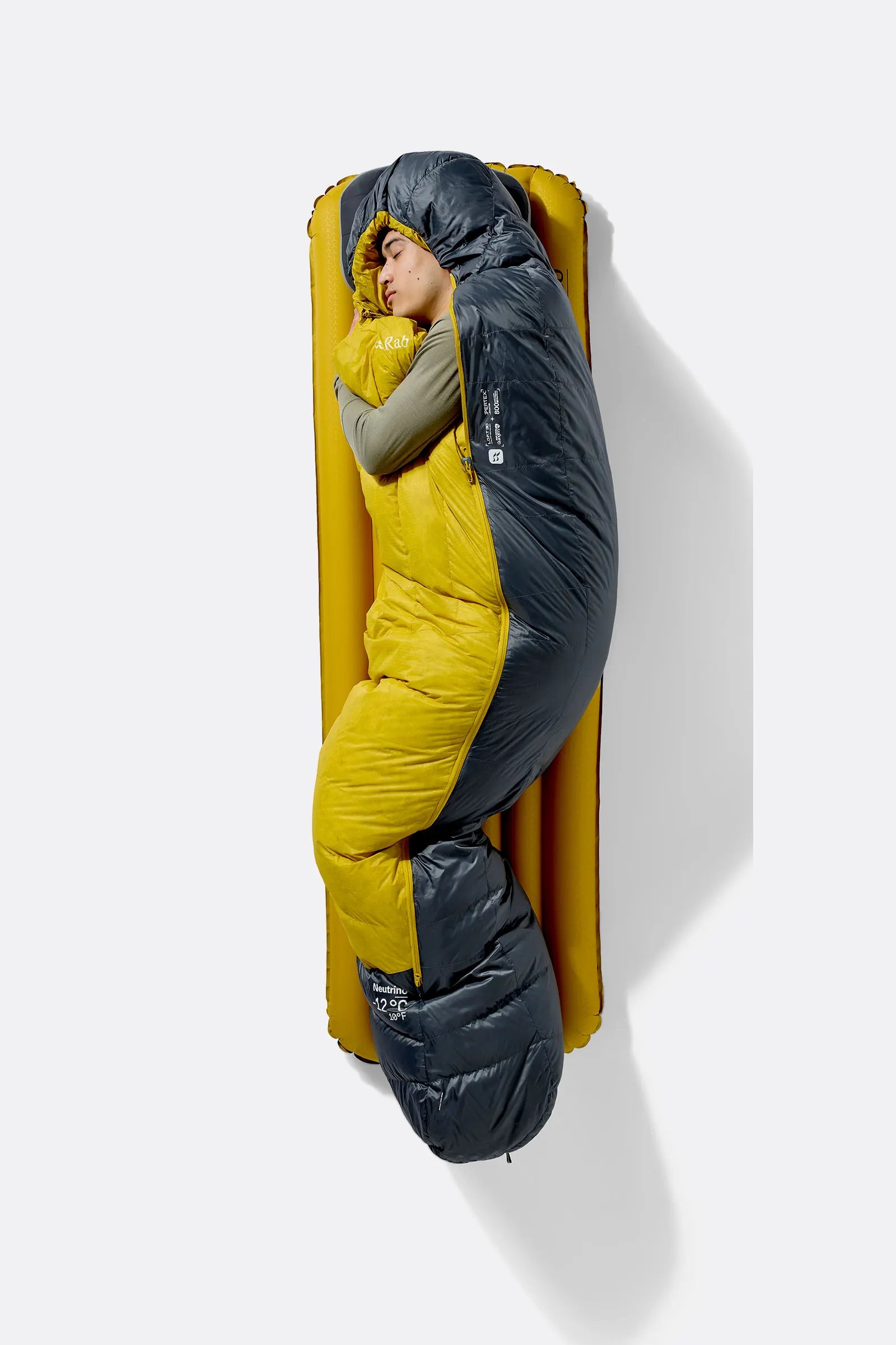 Rab Neutrino Down Sleeping Bag (0°C/32F) in Graphene/Dark Pollen - Partially Open Top Down View