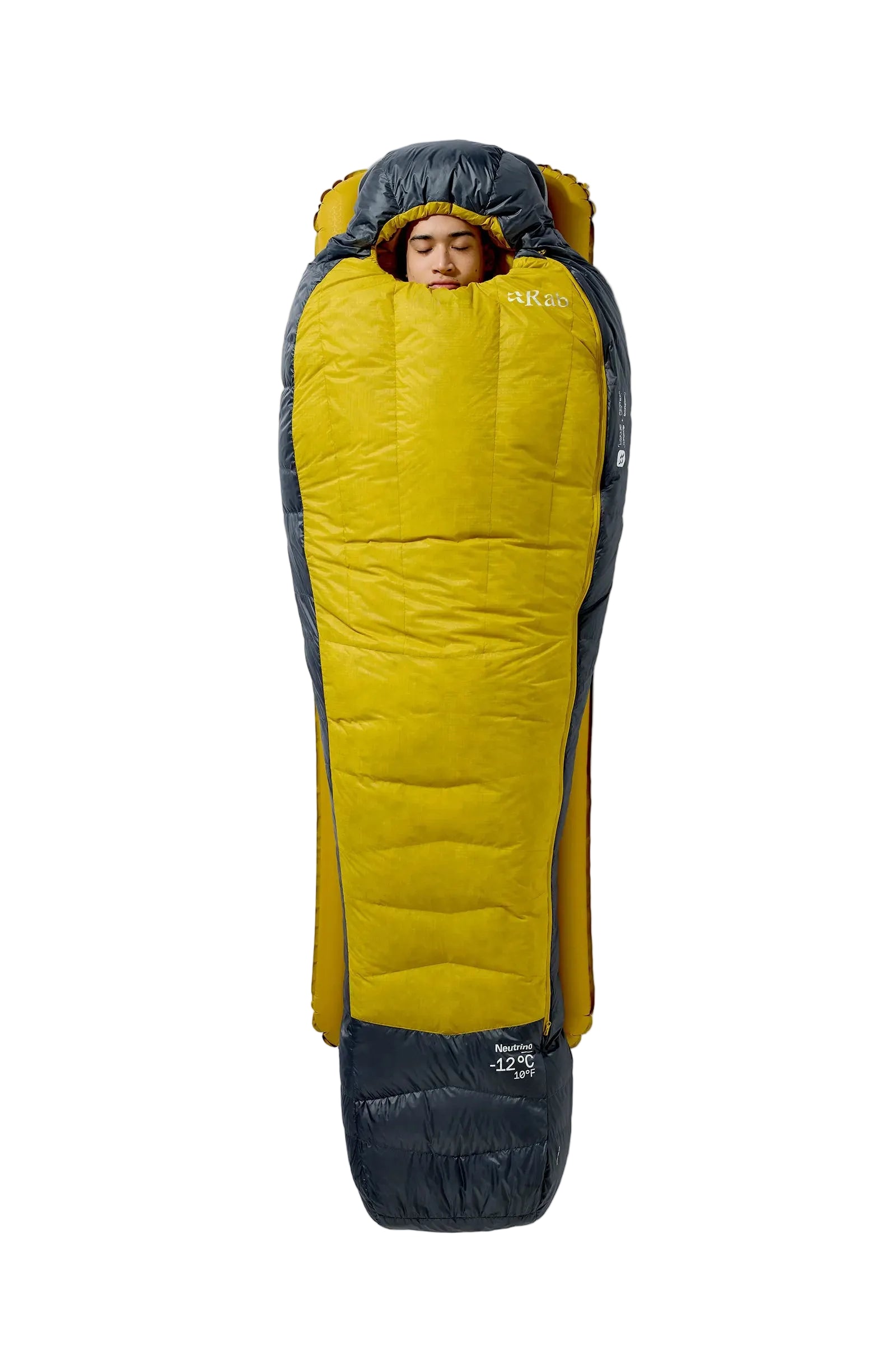 Rab Neutrino Down Sleeping Bag (0°C/32F) in Graphene/Dark Pollen - Upright Showing Mummy Shape