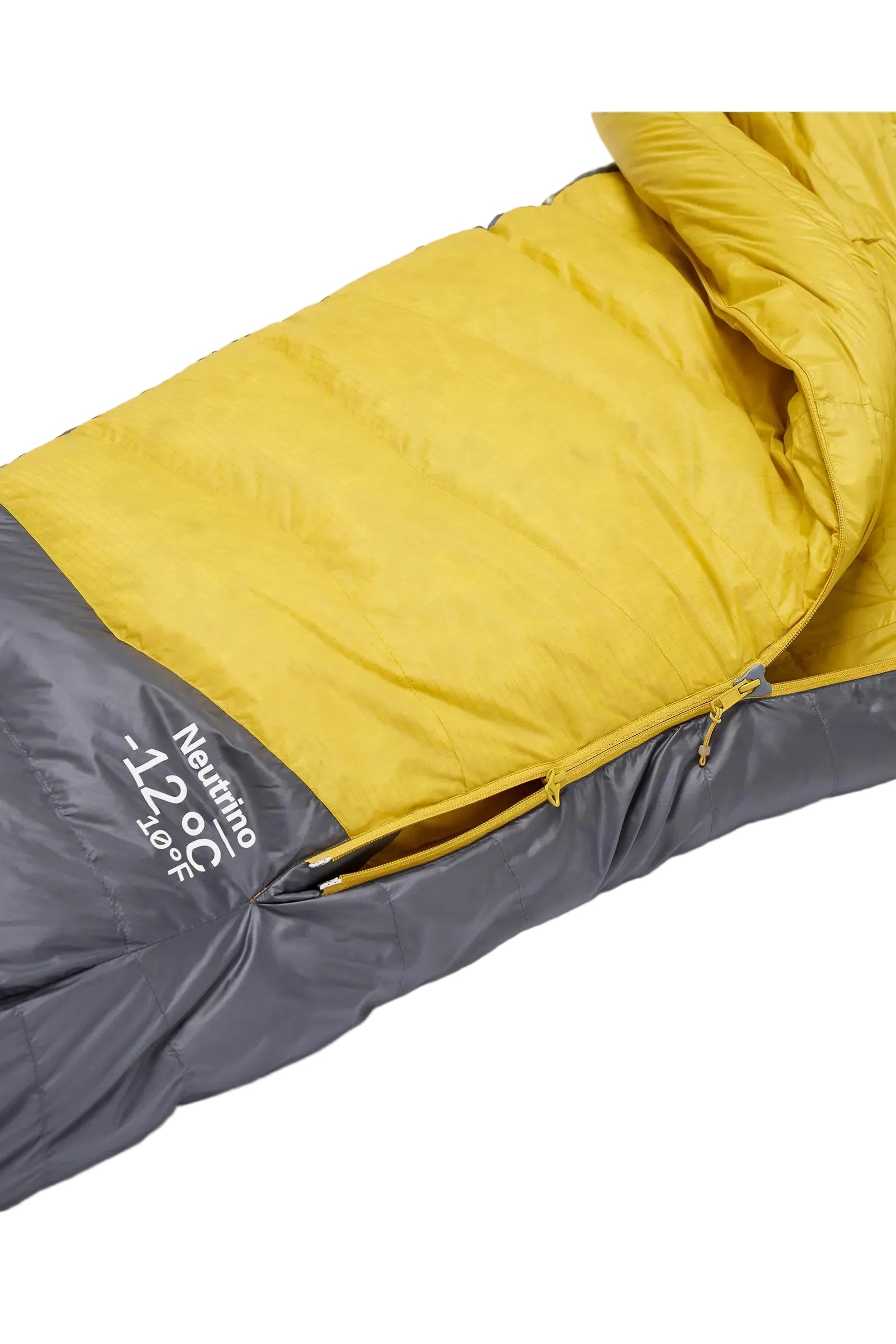 Rab Neutrino Down Sleeping Bag (0°C/32F) in Graphene/Dark Pollen - Zip and Baffle Detail