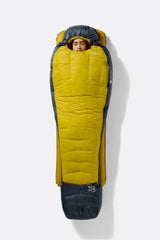 Rab Neutrino Down Sleeping Bag (-18°C/0F) in Graphene/Dark Pollen - Model In Use Side