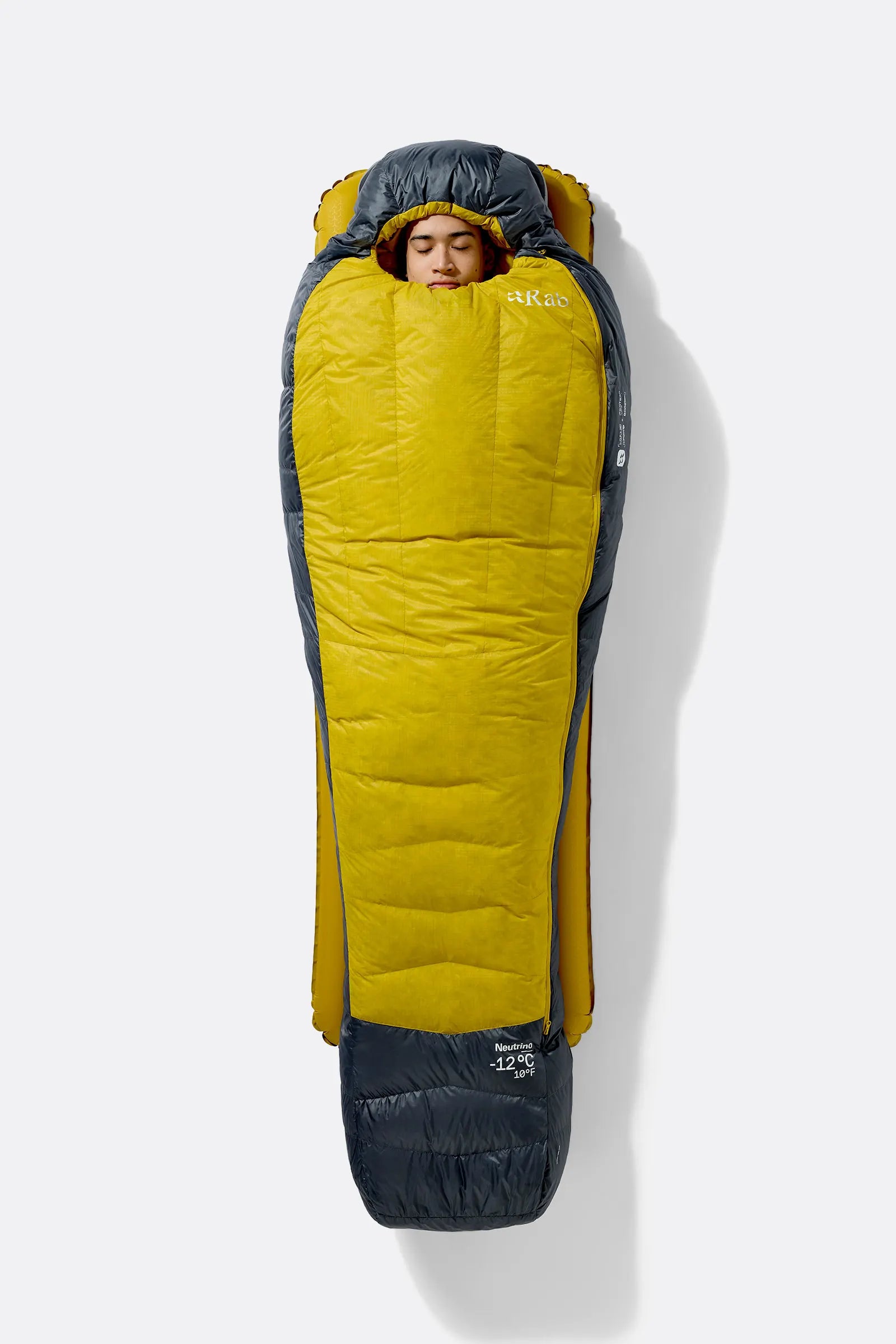 Rab Neutrino Down Sleeping Bag (-18°C/0F) in Graphene/Dark Pollen - Model In Use Side