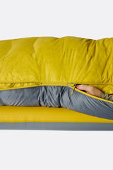 Rab Neutrino Down Sleeping Bag (-18°C/0F) in Graphene/Dark Pollen - Model Lying Left
