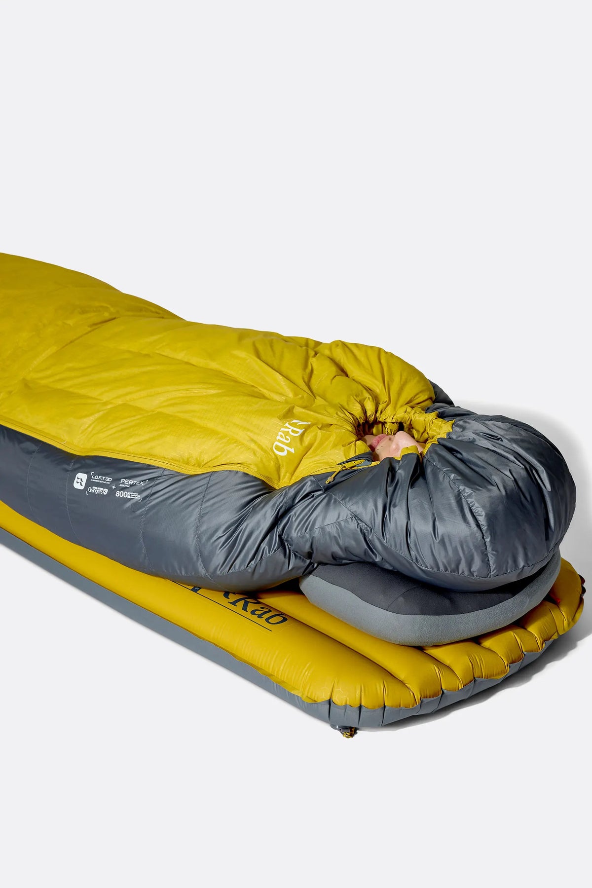 Rab Neutrino Down Sleeping Bag (-6°C/20F) in Graphene/Dark Pollen - Hood Open Showing Down Loft