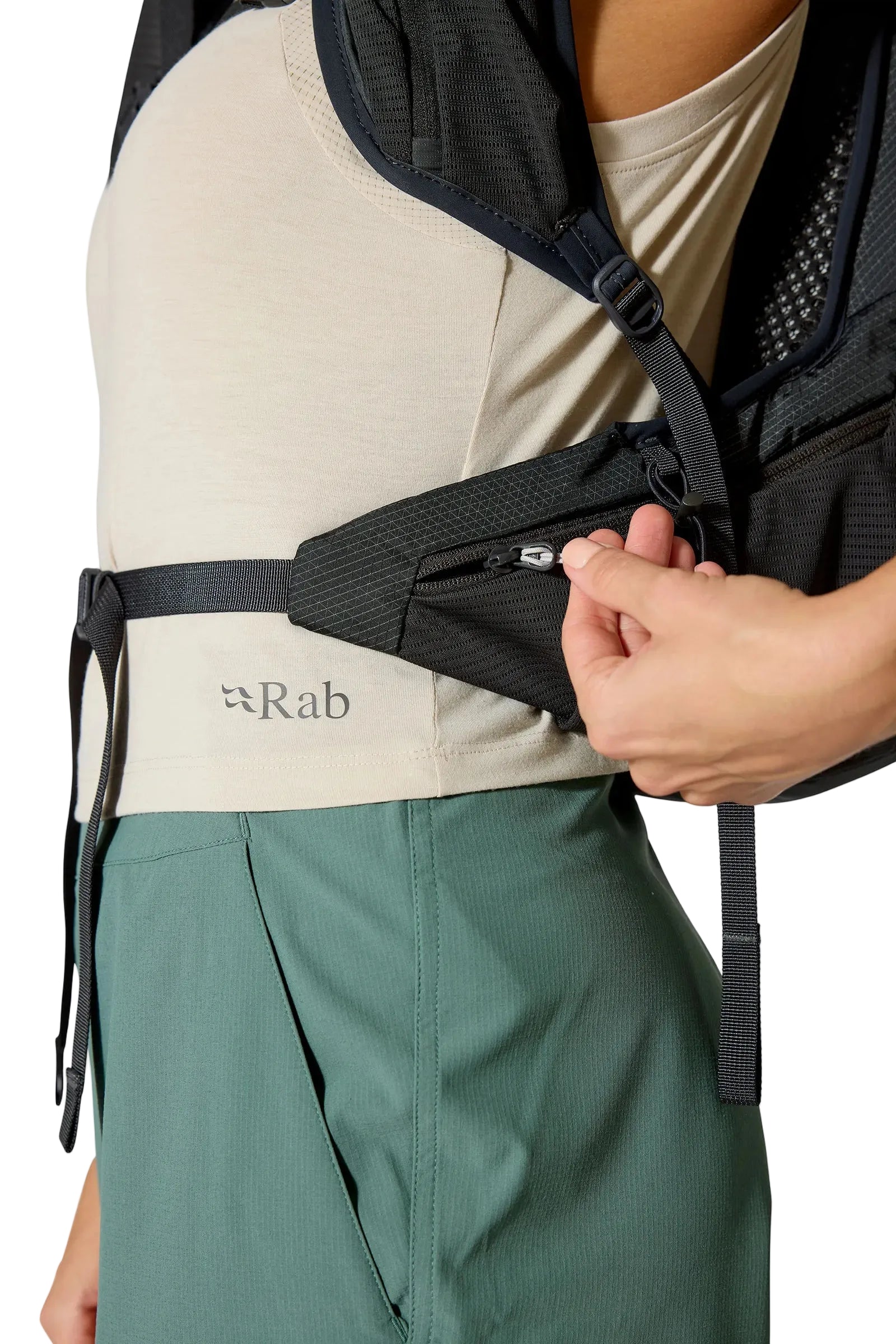 Rab Nitron 12L Lightweight Pack in Anthracite - On Model Side Stash Pocket