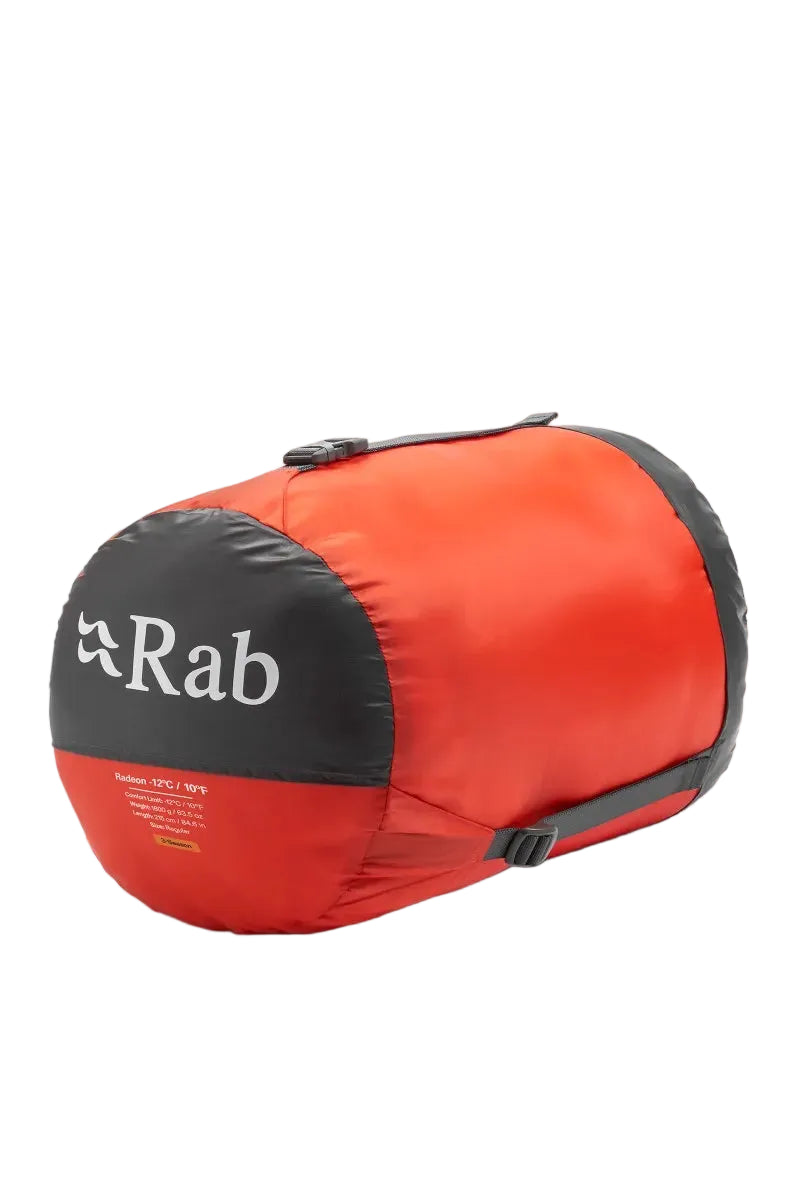 Rab Radeon Synthetic Sleeping Bag (-12°C/10F) in Sage/Graphene - packed in stuff sack