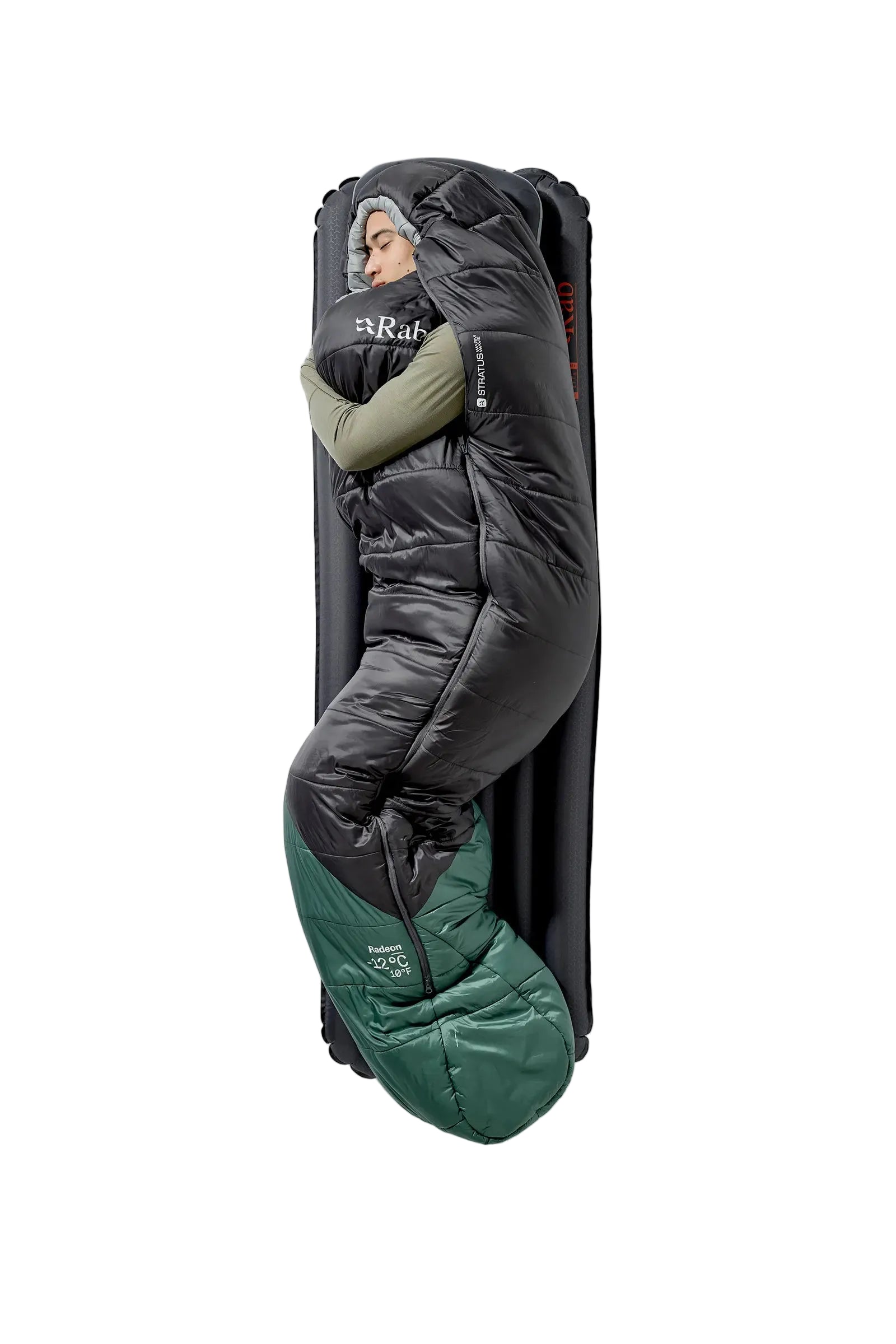 Rab Radeon Synthetic Sleeping Bag (-12°C/10F) in Sage/Graphene - worn, standing