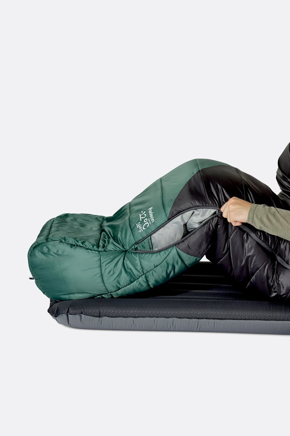 Rab Radeon Synthetic Sleeping Bag (-6°C/20F) in Sage/Graphene - worn, side sleeping
