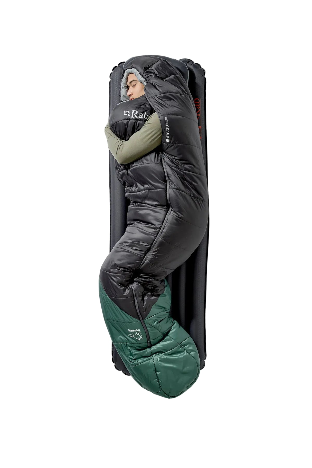 Rab Radeon Synthetic Sleeping Bag (-6°C/20F) in Sage/Graphene - worn, standing