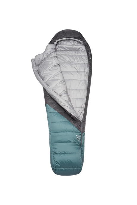 Rab Radeon Synthetic Sleeping Bag (6°C/43F) in Sage/Graphene - styled, angled