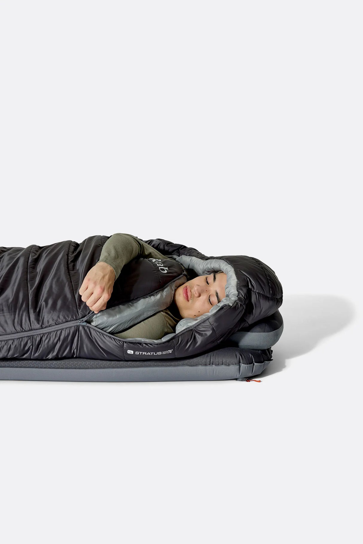 Rab Radeon Synthetic Sleeping Bag (6°C/43F) in Sage/Graphene - worn, side sleeping