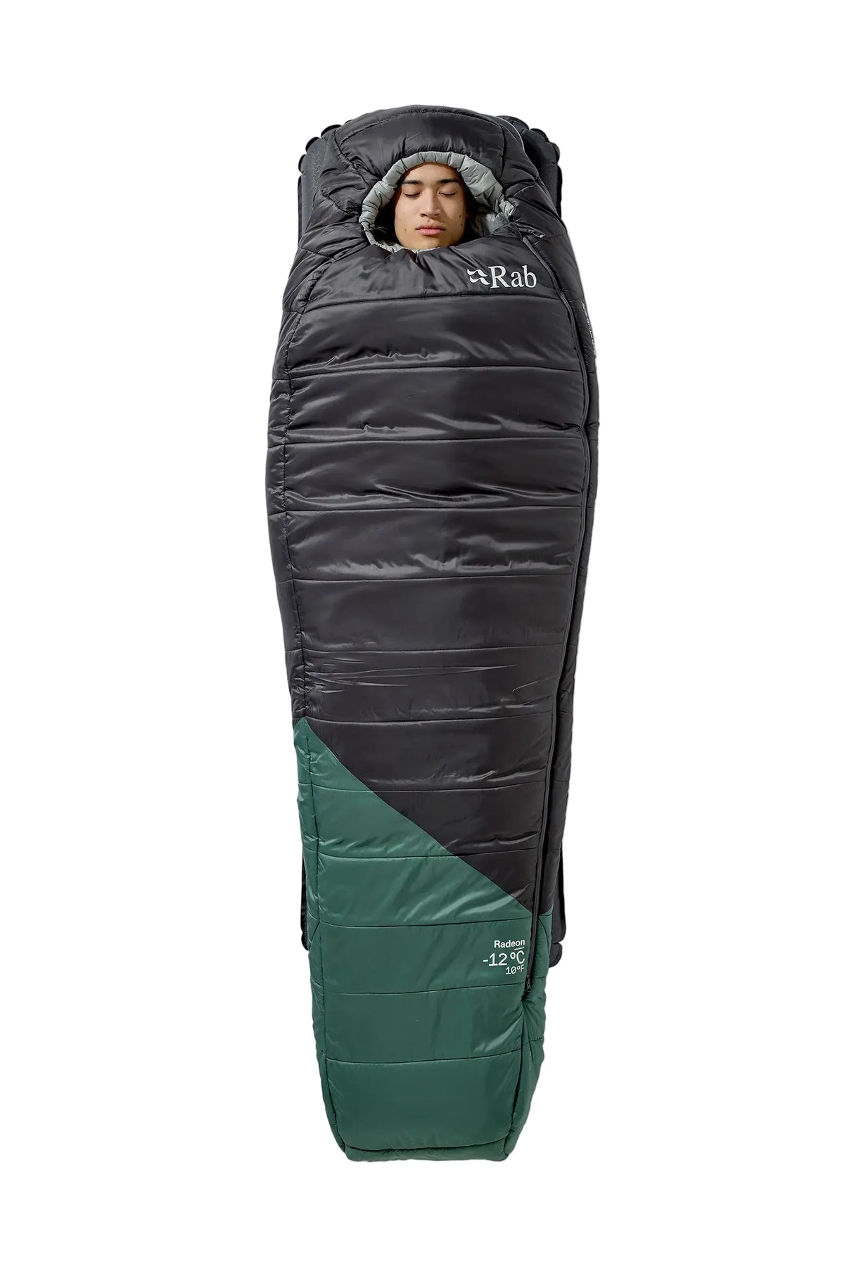 Rab Radeon Synthetic Sleeping Bag (6°C/43F) in Sage/Graphene - worn, zip detail