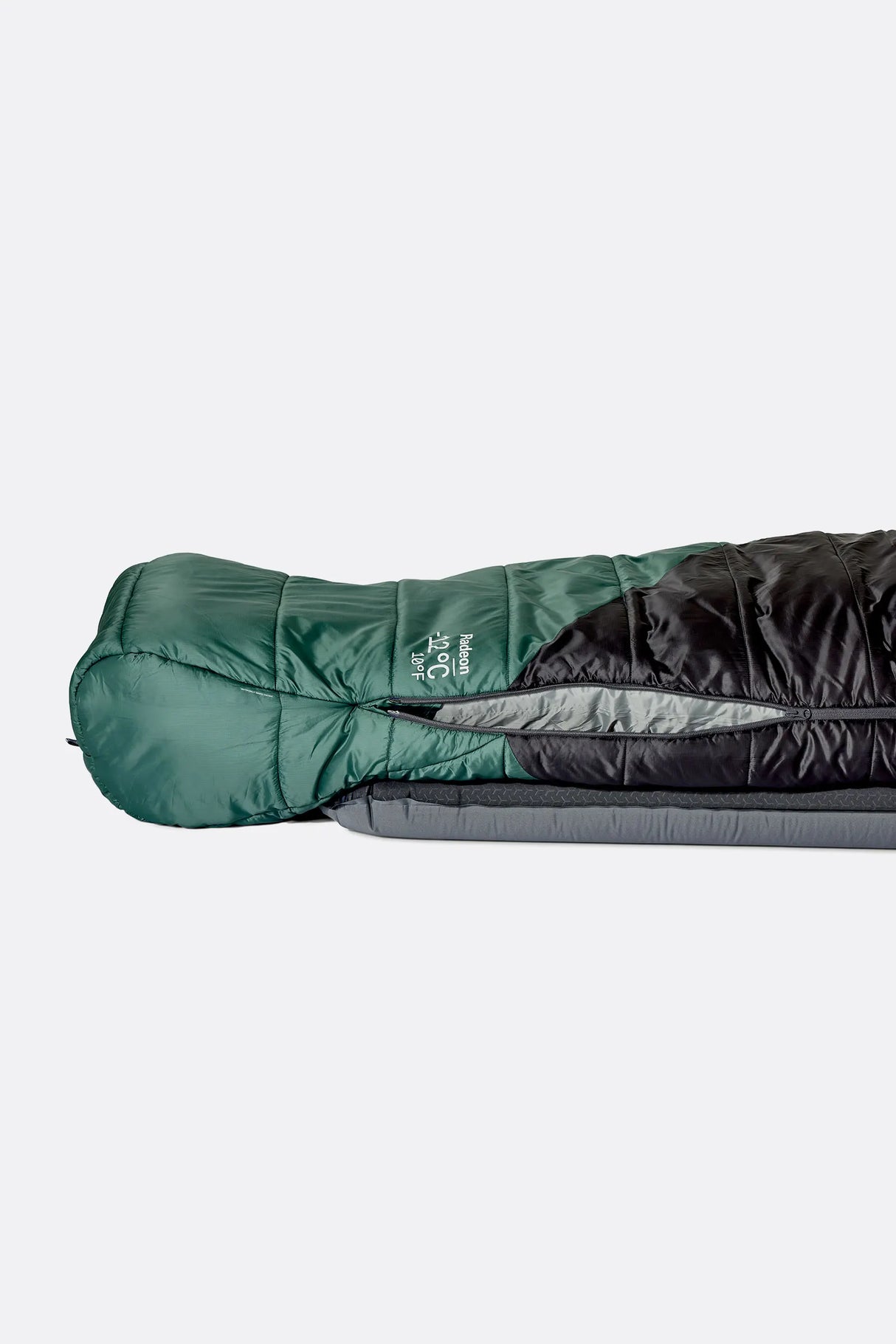 Rab Radeon Synthetic Sleeping Bag (6°C/43F) in Sage/Graphene - worn