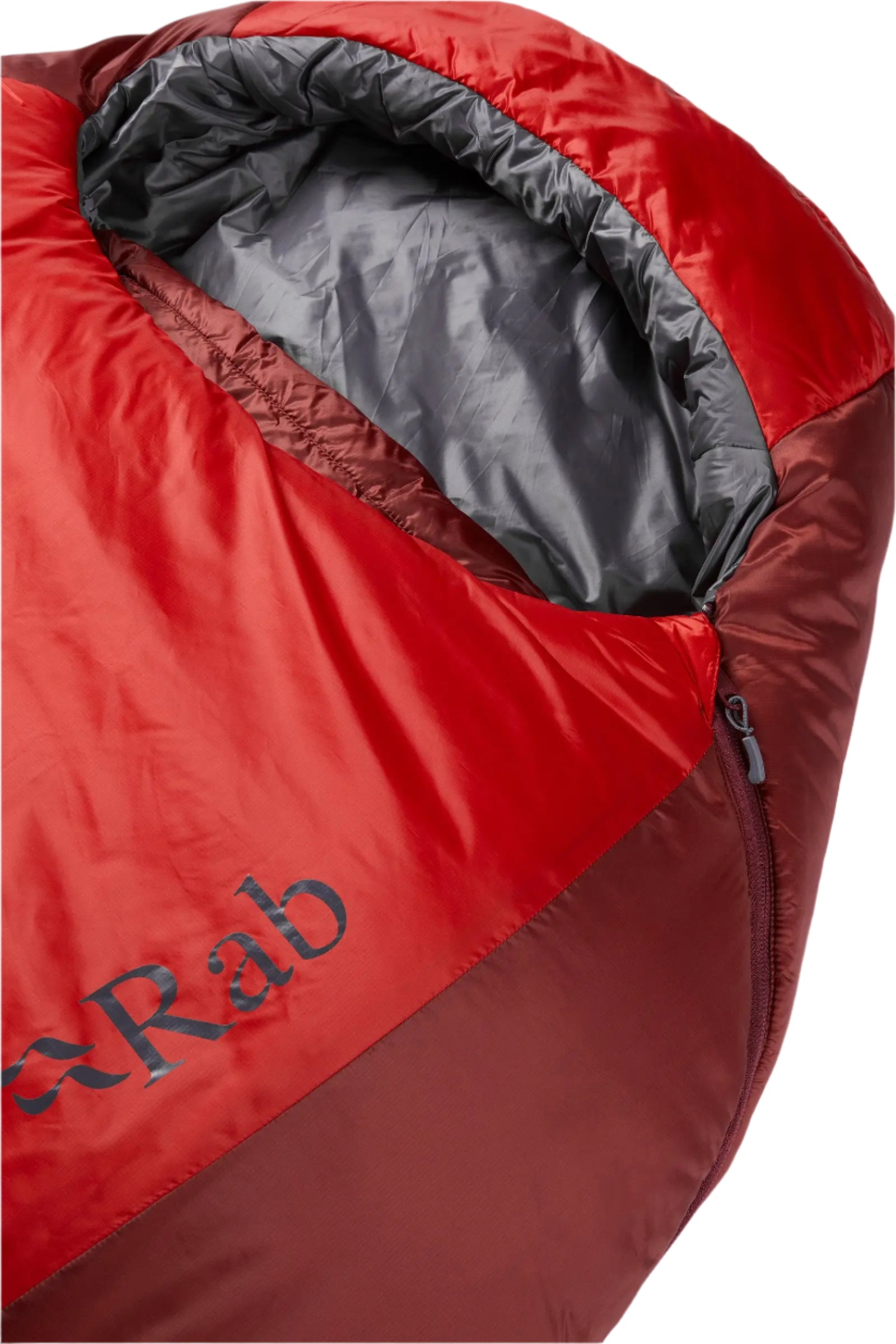 Rab Solar Eco 3 Sleeping Bag in Oxblood Red - hood detail with logo