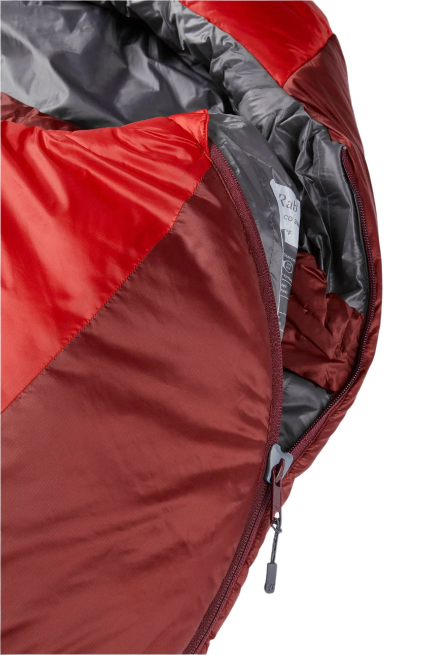 Rab Solar Eco 3 Sleeping Bag in Oxblood Red - neck baffle detail