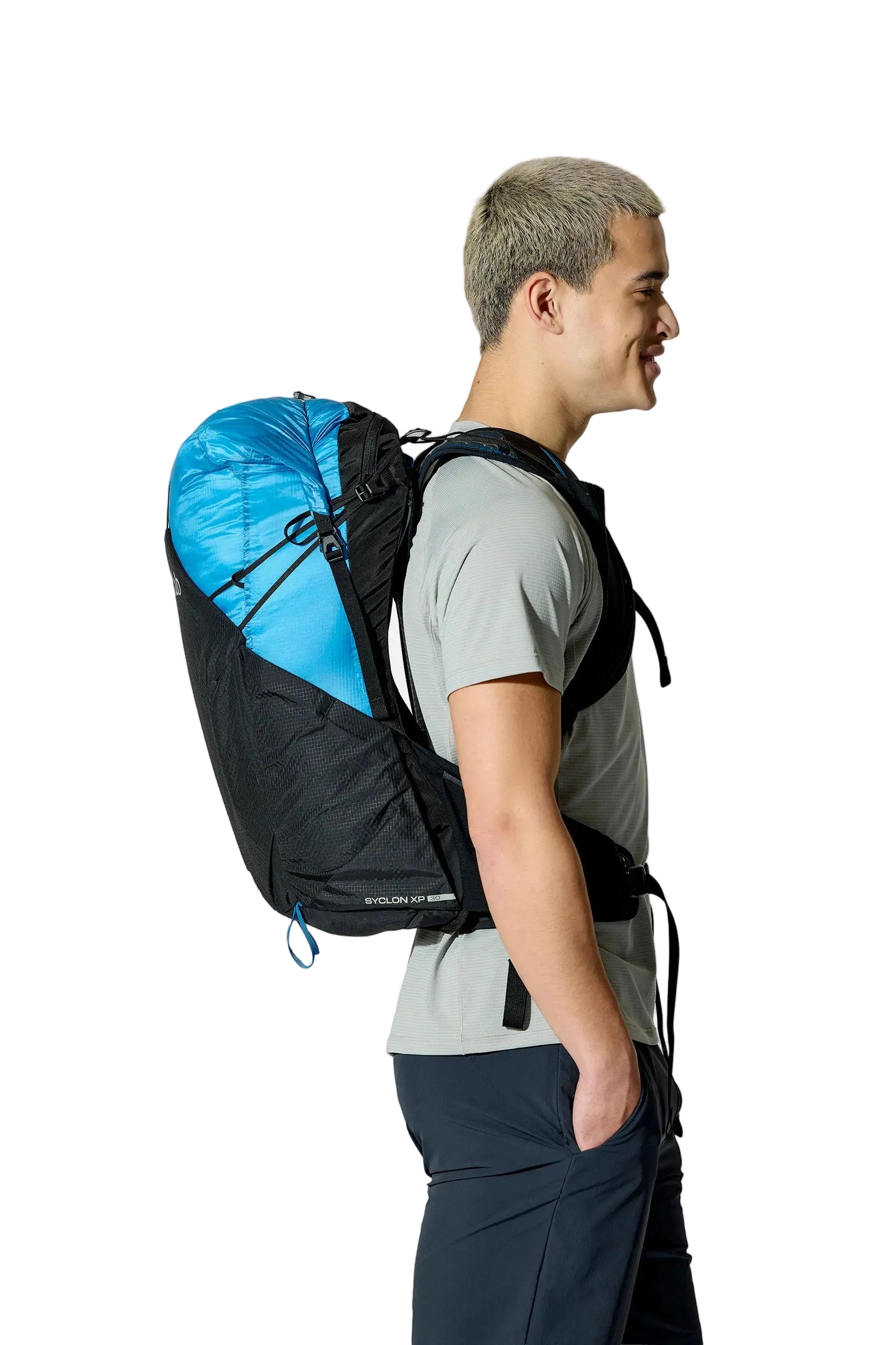 Rab Syclon XP 30L Waterproof Pack in Black/Maya Blue - Back View On Model 2