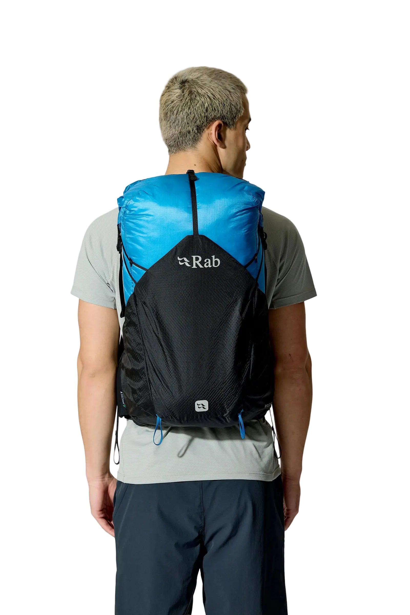 Rab Syclon XP 30L Waterproof Pack in Black/Maya Blue - Side View On Model 2