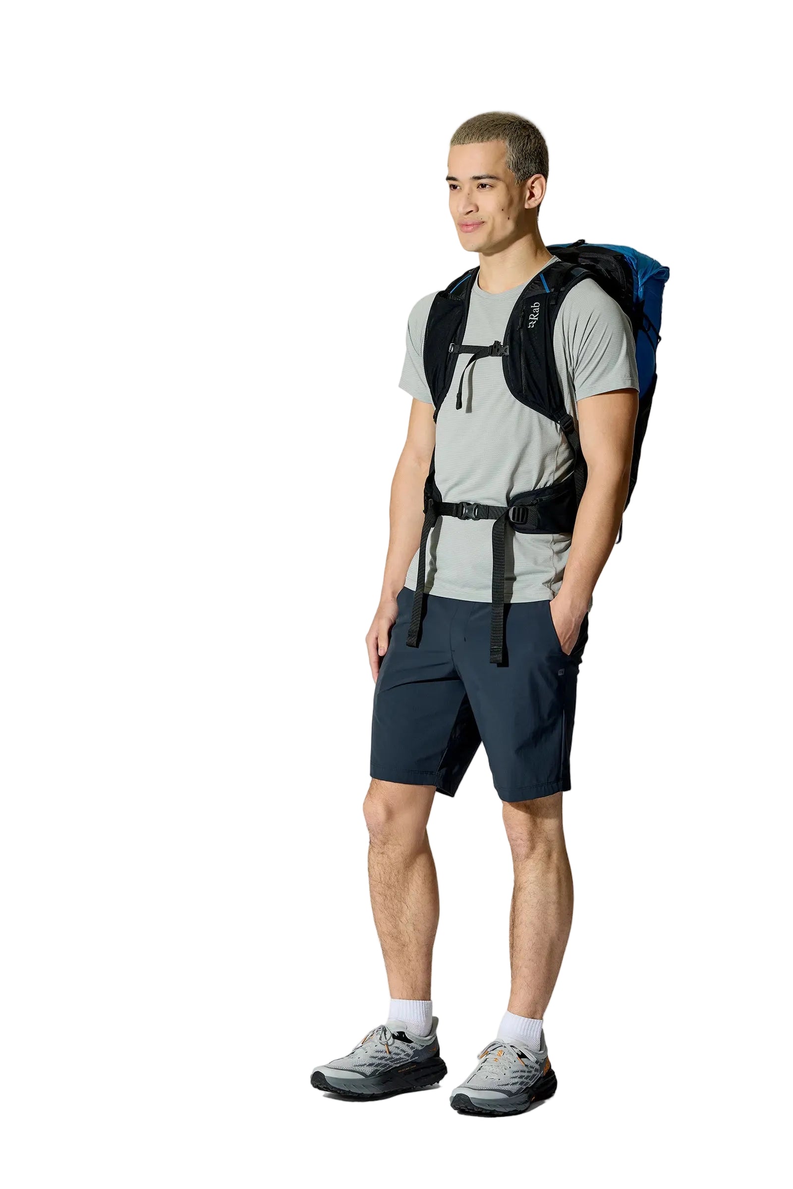 Rab Syclon XP 30L Waterproof Pack in Black/Maya Blue - Three Quarter View On Model 2