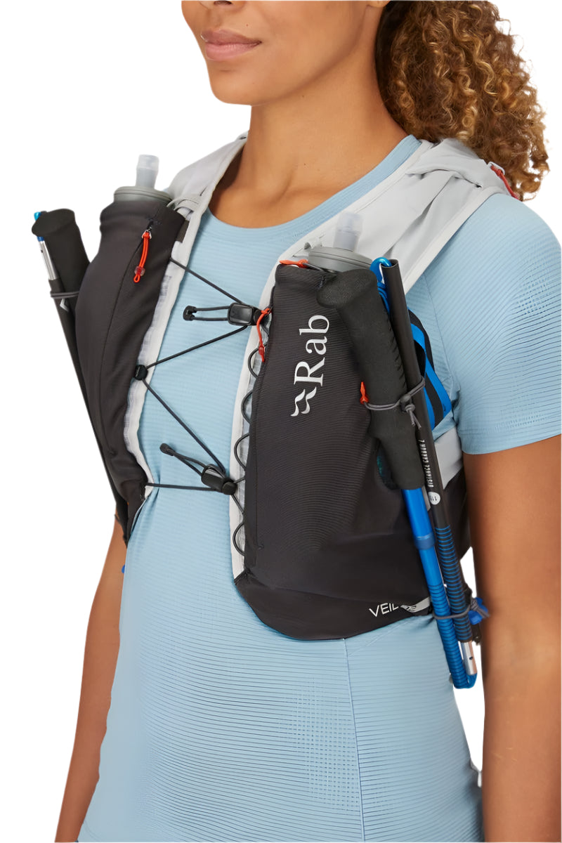 Rab Veil 12L Lightweight Running Vest in Gargoyle/Graphene - On Model Front Close Up