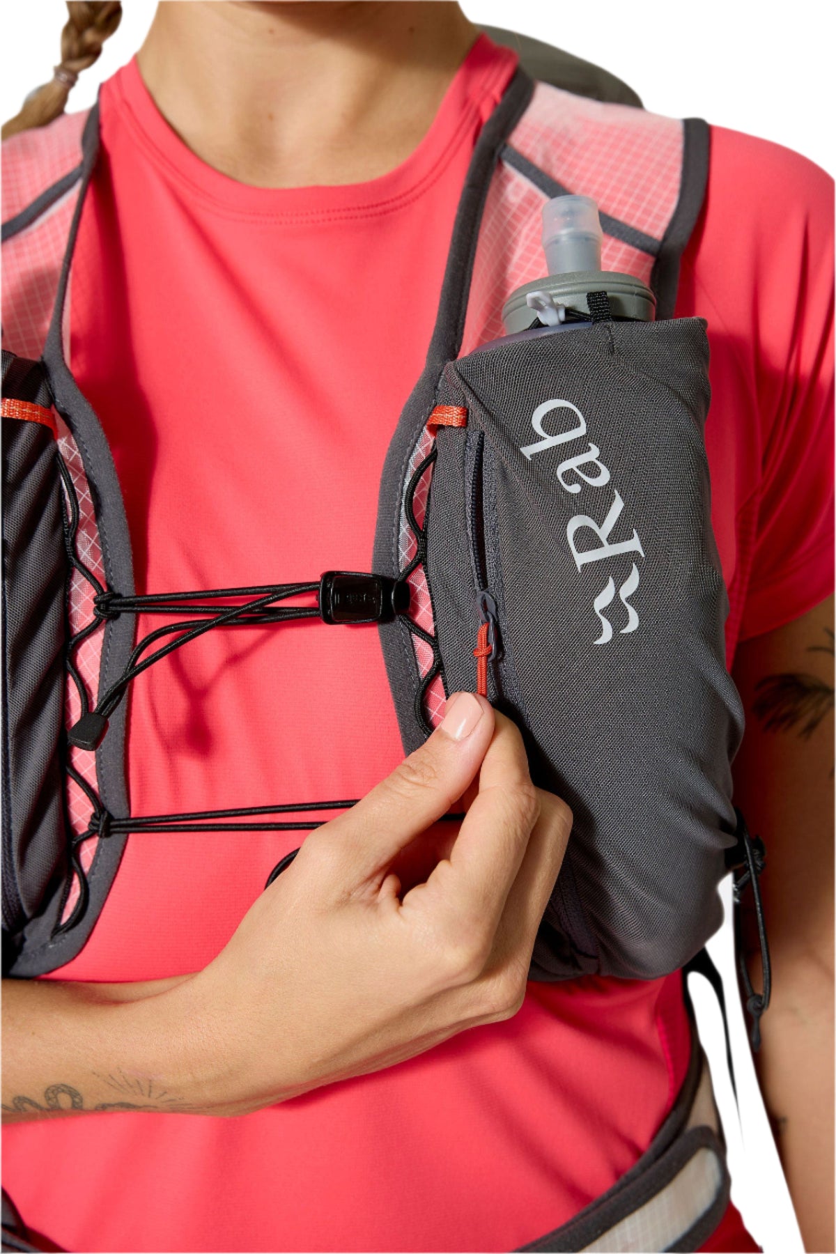 Rab Veil XP 20L Waterproof Pack in Pewter/Graphene - On Model Harness Pocket Access