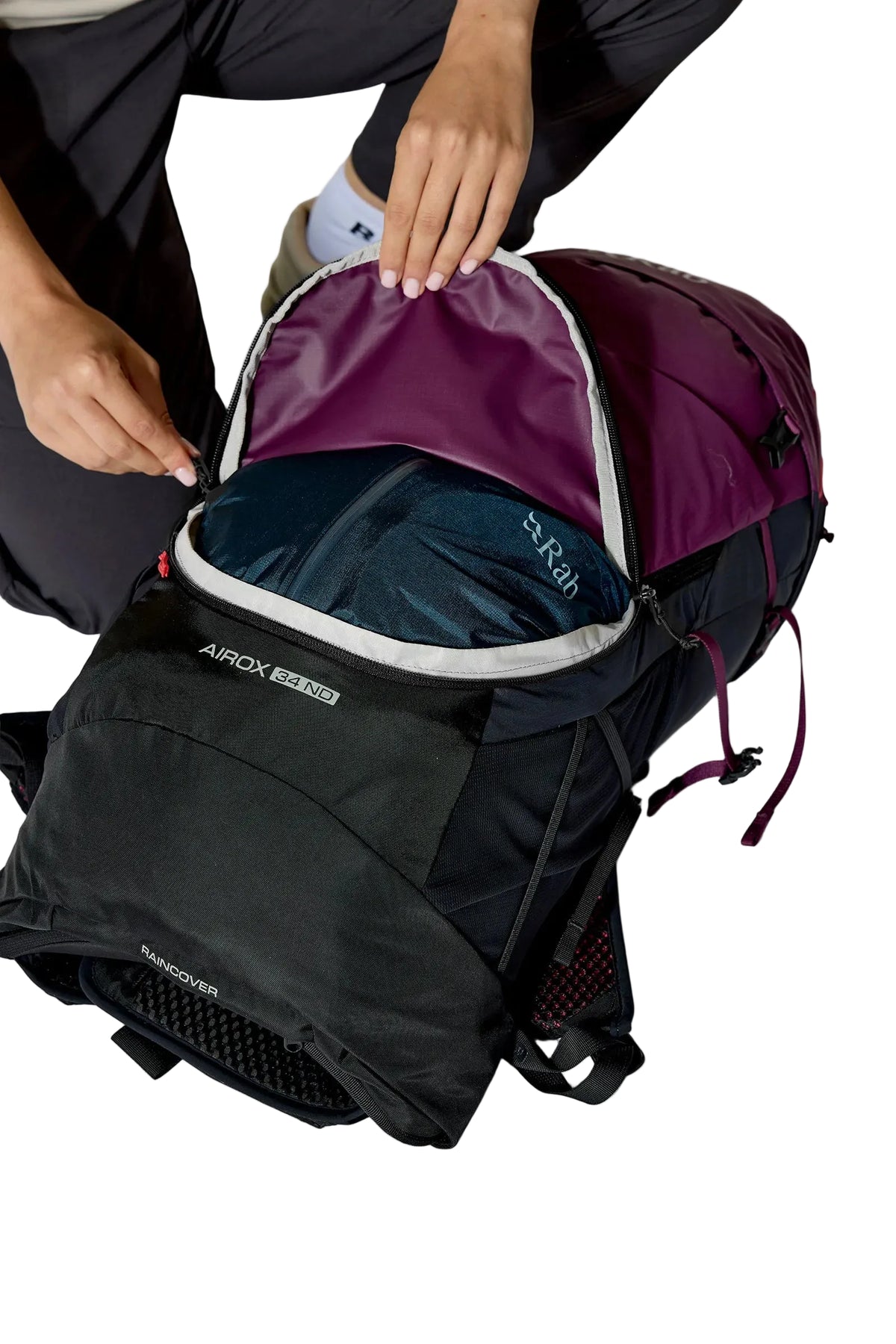 Rab Women's Airox ND 34 Day Pack in Mulberry/Black - Lid Pocket Open