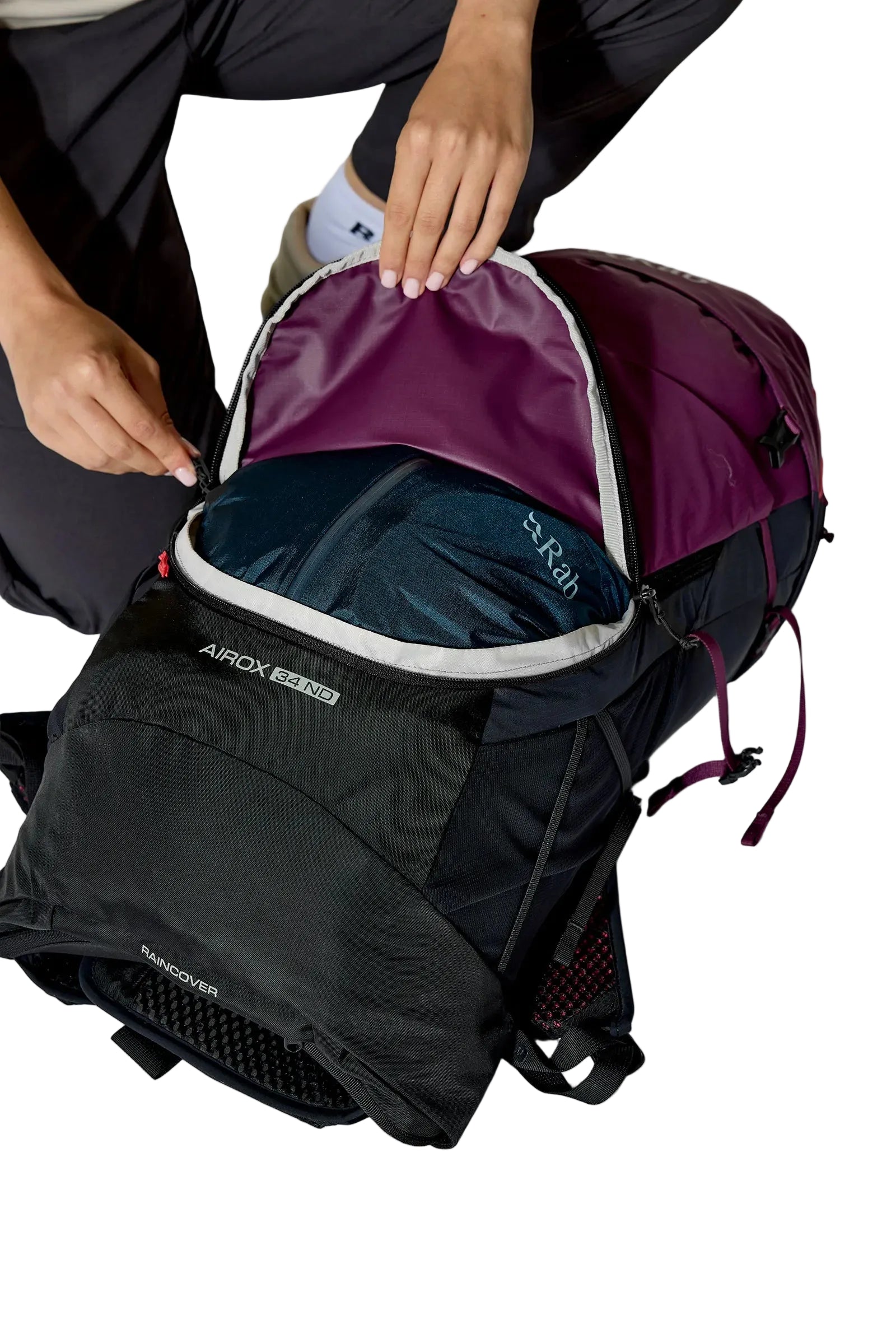Rab Women's Airox ND 34 Day Pack in Mulberry/Black - Lid Pocket Open