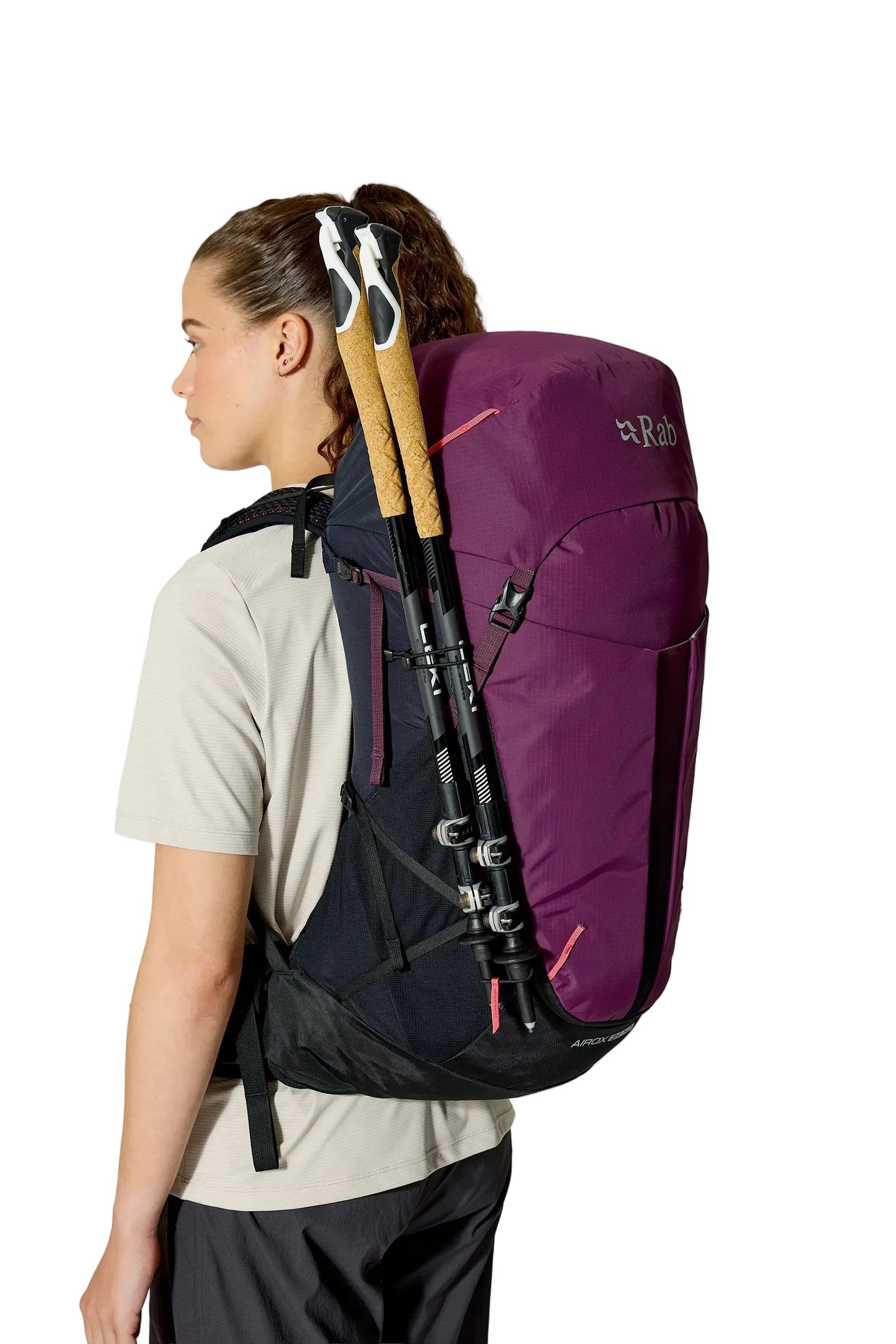 Rab Women's Airox ND 34 Day Pack in Mulberry/Black - Side View On Model