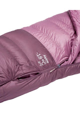 Rab Women's Alpine Down Sleeping Bag (-18°C/0F) in Iris/Dark Iris - packed size, side