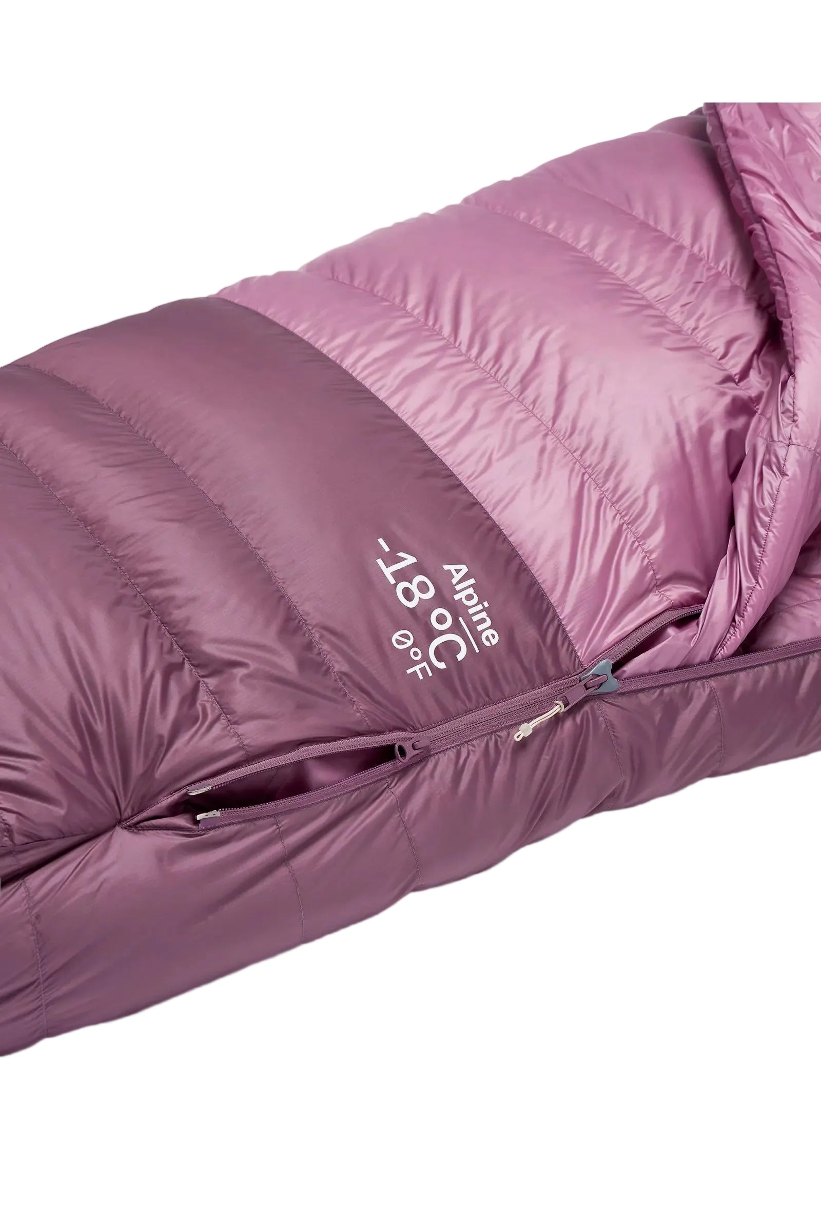 Rab Women's Alpine Down Sleeping Bag (-18°C/0F) in Iris/Dark Iris - packed size, side
