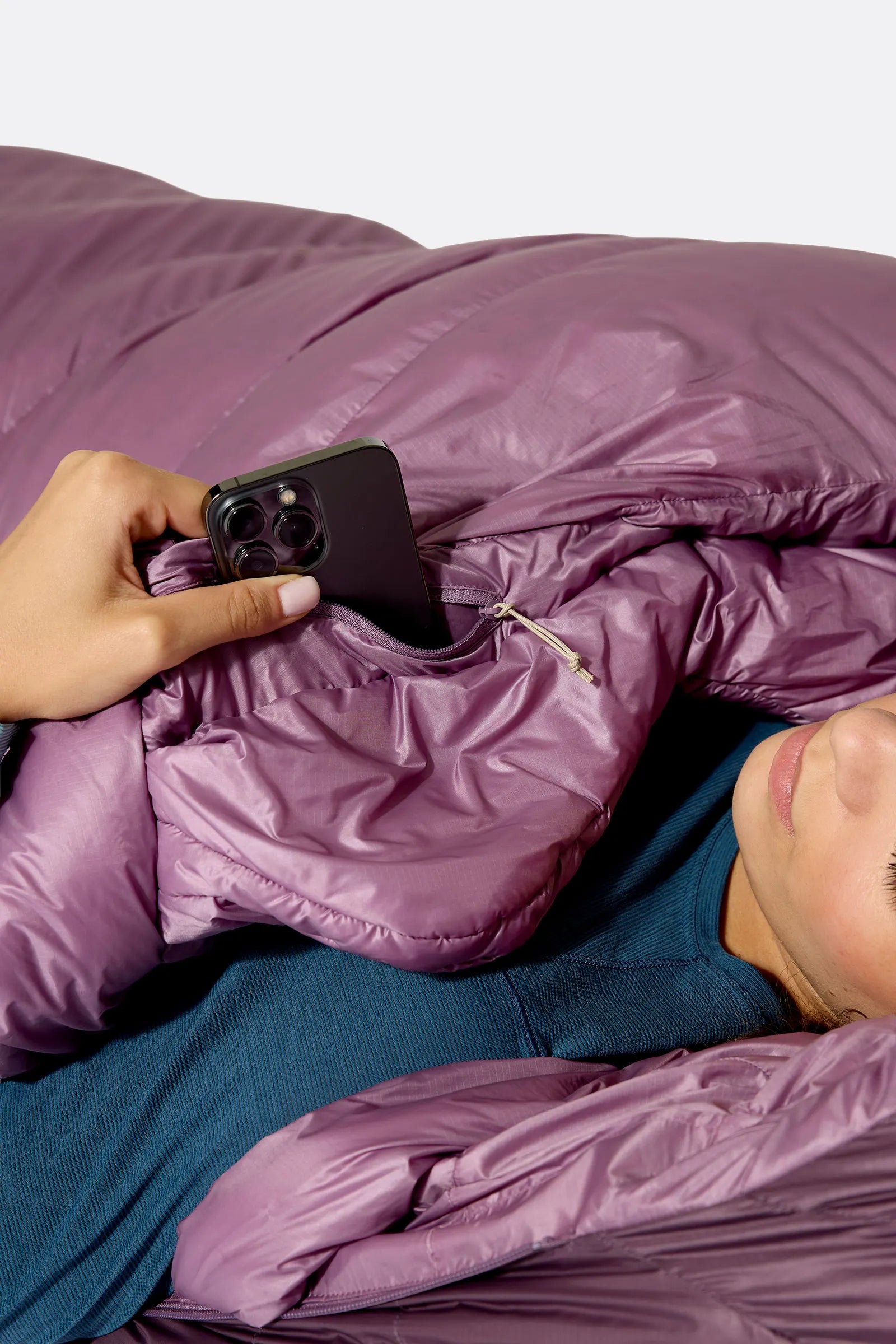 Rab Women's Alpine Down Sleeping Bag (-18°C/0F) in Iris/Dark Iris - worn