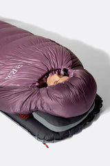 Rab Women's Alpine Down Sleeping Bag (-18°C/0F) in Iris/Dark Iris - worn, close-up