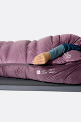 Rab Women's Alpine Down Sleeping Bag (-18°C/0F) in Iris/Dark Iris - worn, side sleeping