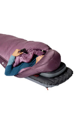 Rab Women's Alpine Down Sleeping Bag (-18°C/0F) in Iris/Dark Iris - worn, side sleeping
