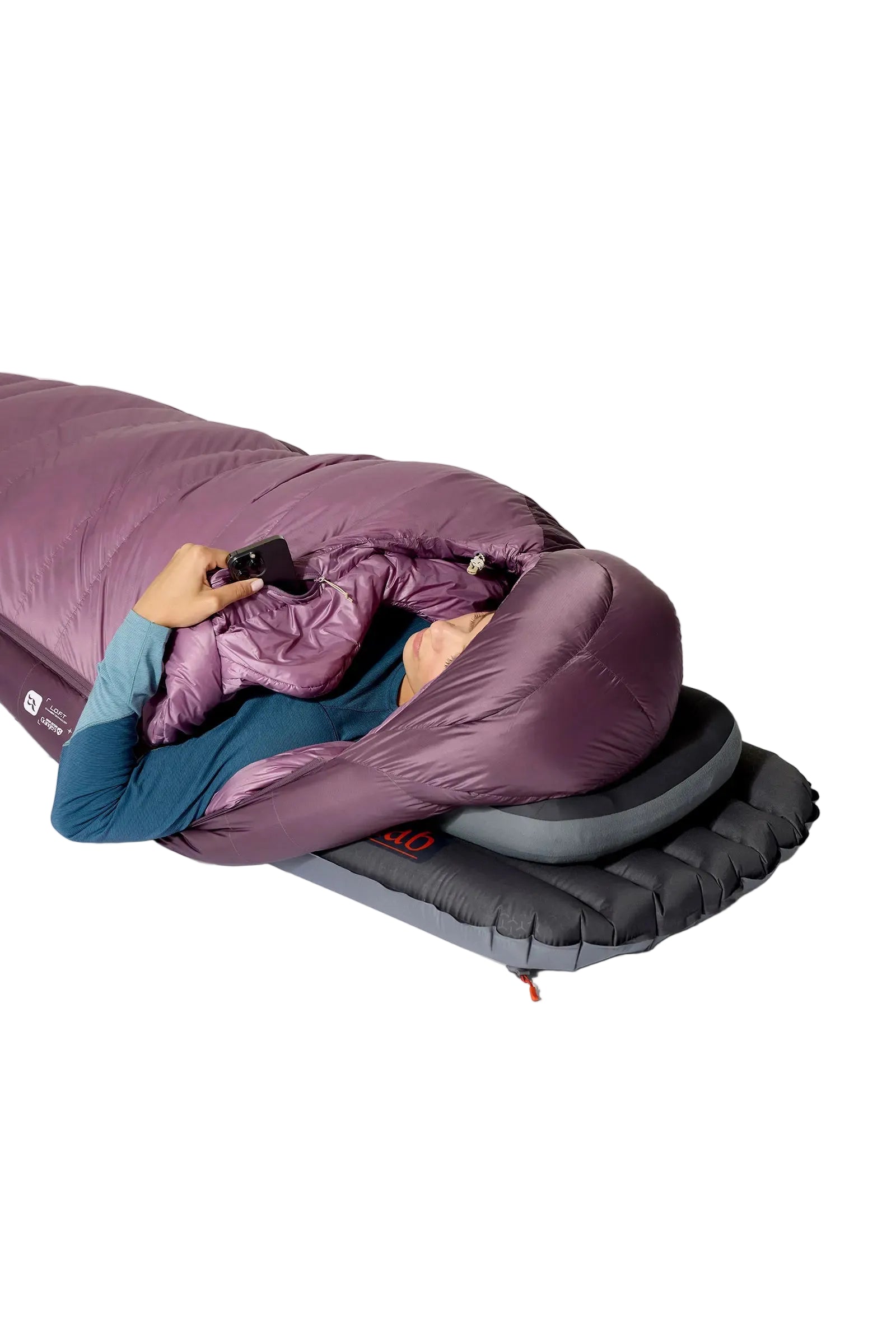 Rab Women's Alpine Down Sleeping Bag (-18°C/0F) in Iris/Dark Iris - worn, side sleeping