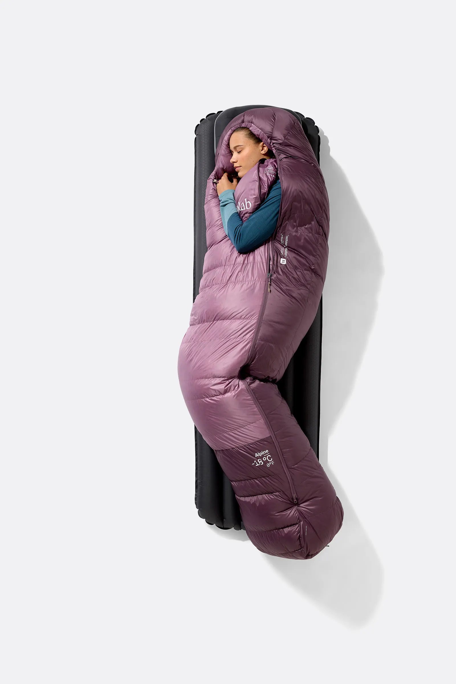 Rab Women's Alpine Down Sleeping Bag (-6°C/21F) in Iris/Dark Iris - Model Hood Detail