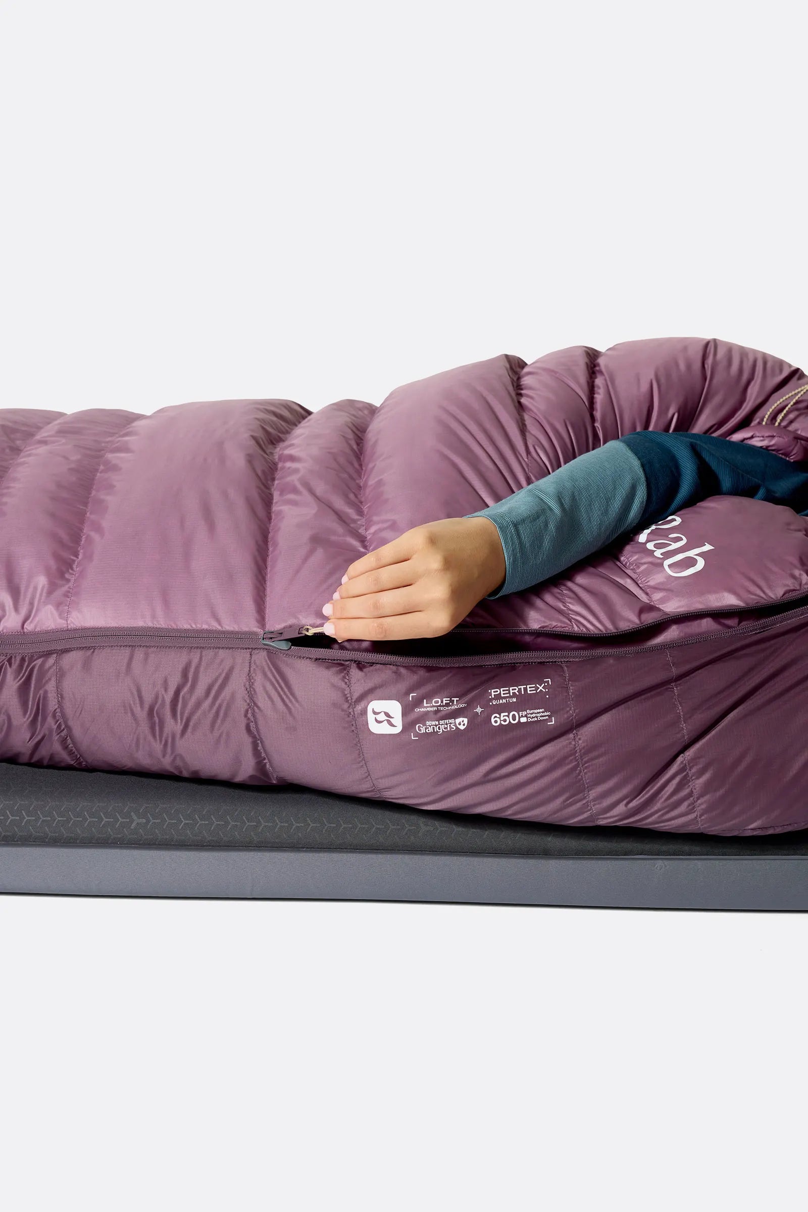 Rab Women's Alpine Down Sleeping Bag (-6°C/21F) in Iris/Dark Iris - Model Lying Flat