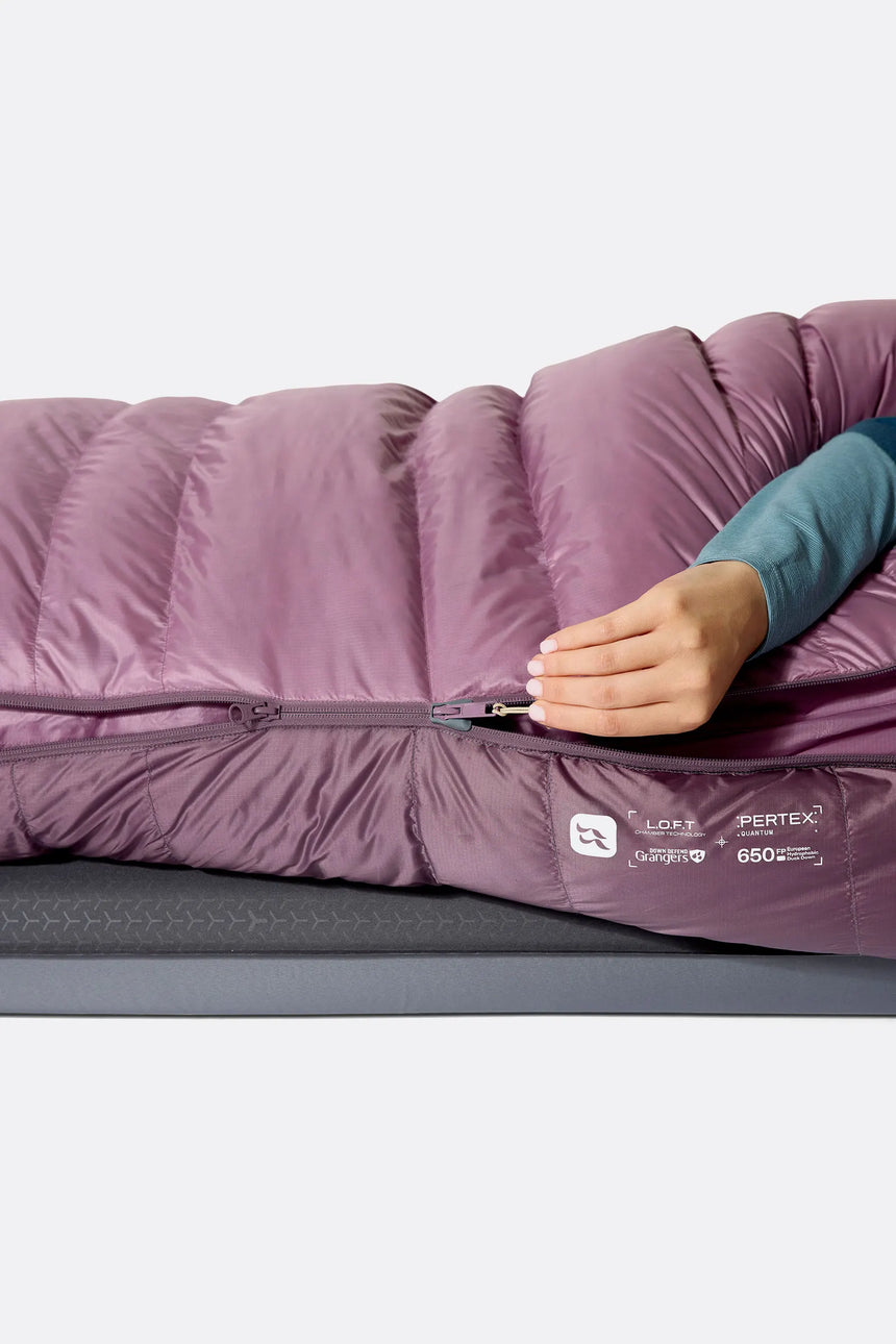 Rab Women's Alpine Down Sleeping Bag (-6°C/21F) in Iris/Dark Iris - Zip Pull Detail